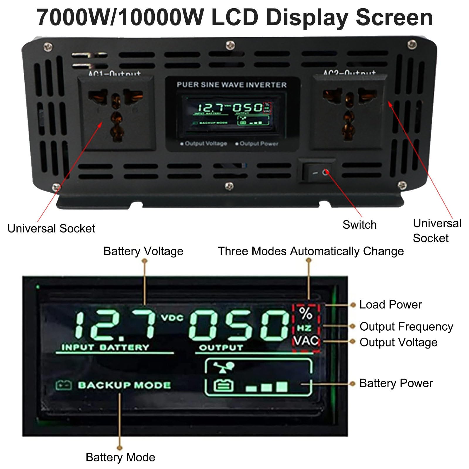 Falownik Przetwornice samochodowe o mocy 10000 W, przetwornica napięcia 24 V DC na 110 V AC z podwójnymi gniazdami prądu przemiennego i wyświetlaczem LCD,48V to 220V