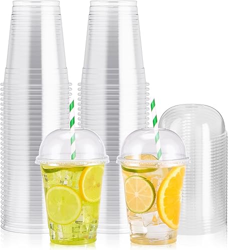 Paquete de 100 tazas de plástico transparente de 12 onzas con tapas de cúpula, tazas de postre desechables, tazas de parfait para helado, bebidas de