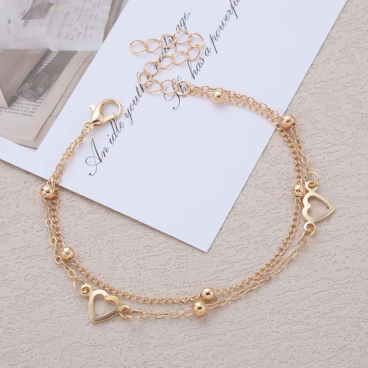 Vintage Layered Heart Bracelet Small Round Beads Satellite Bracelet Gold Hollow Heart Love Hand Chain Adjustable Layered Beaded Chain Bracelets Anklet Wrist Jewelry for Women - Image 4