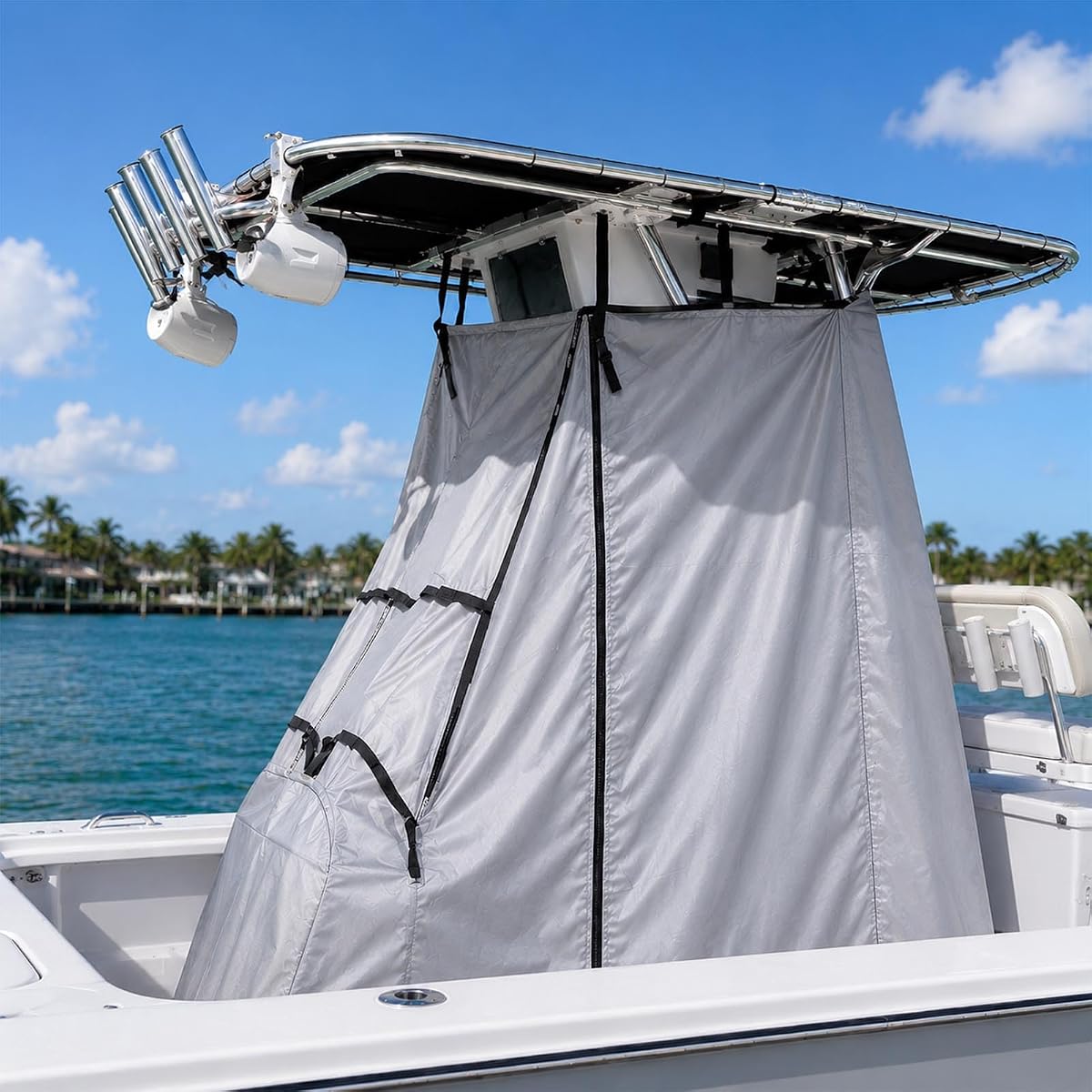 Cubierta para consola central con tapa en T para barco, funda impermeable para asiento de timón 600D | Funda marina Oxford con cremallera y correas ajustables, protege el asiento del timón y la consola de la lluvia, el sol y el polvo, 48 x 60 x 66 pulgadas