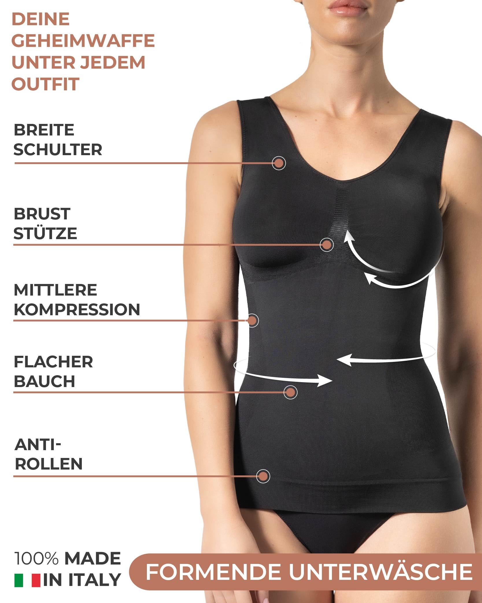 Risalti Shapewear Tanktop mit Breitträgern - Damen Top & BH ohne Bügel integriert, Bauchanschwemmung Tank Top - Made in Italy