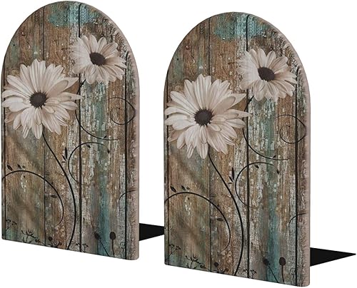 Sujetalibros de madera rústicos decorativos con diseño de girasoles desgastados para estantes, organizador de libros pesados, extremo de libro de