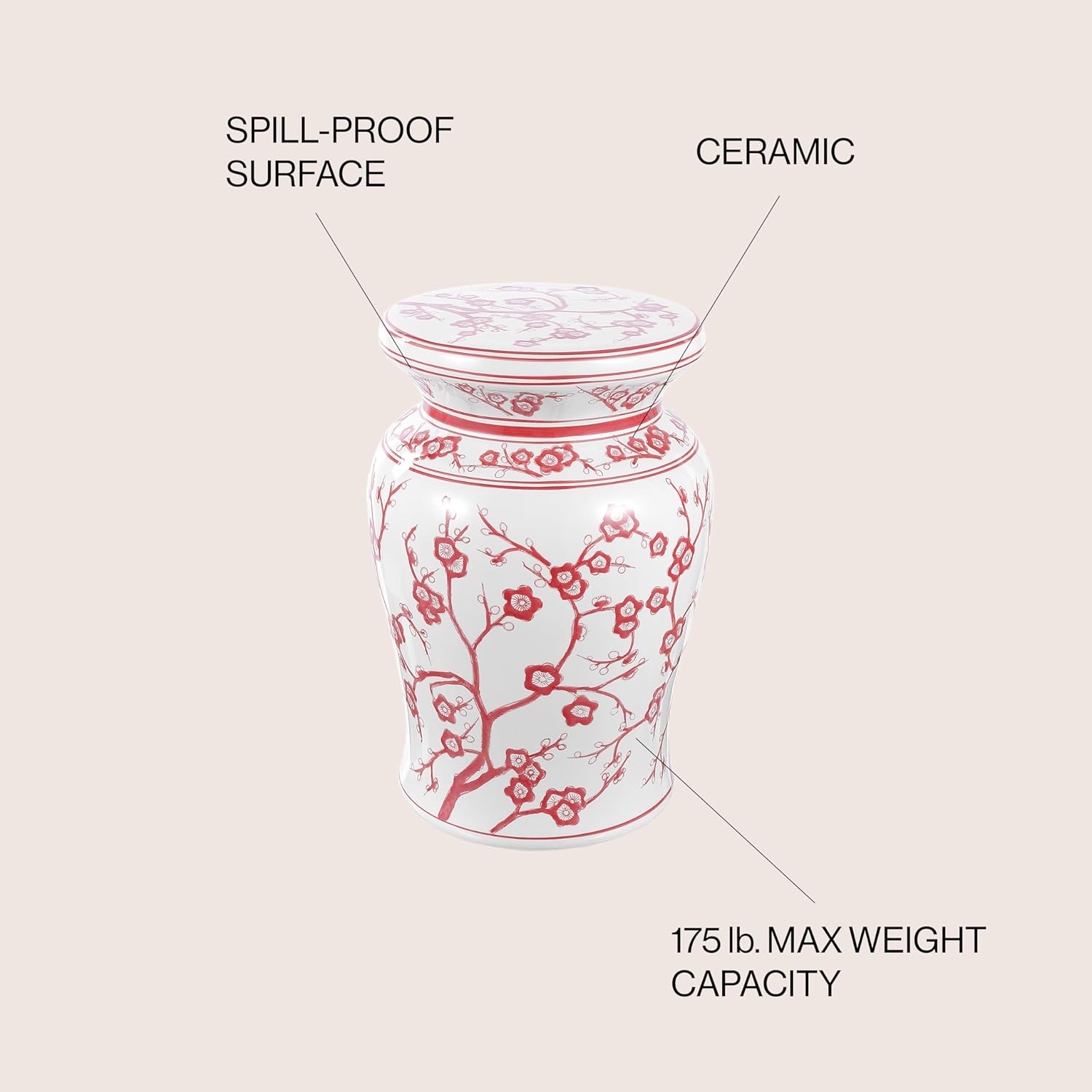 JONATHAN Y TBL1016B Cherry Blossom 17.75" Ceramic Indoor/Outdoor Garden Stool Coastal, Contemporary, Transitional, Patio, Garden Room, Bathroom, Living Room, White/Red