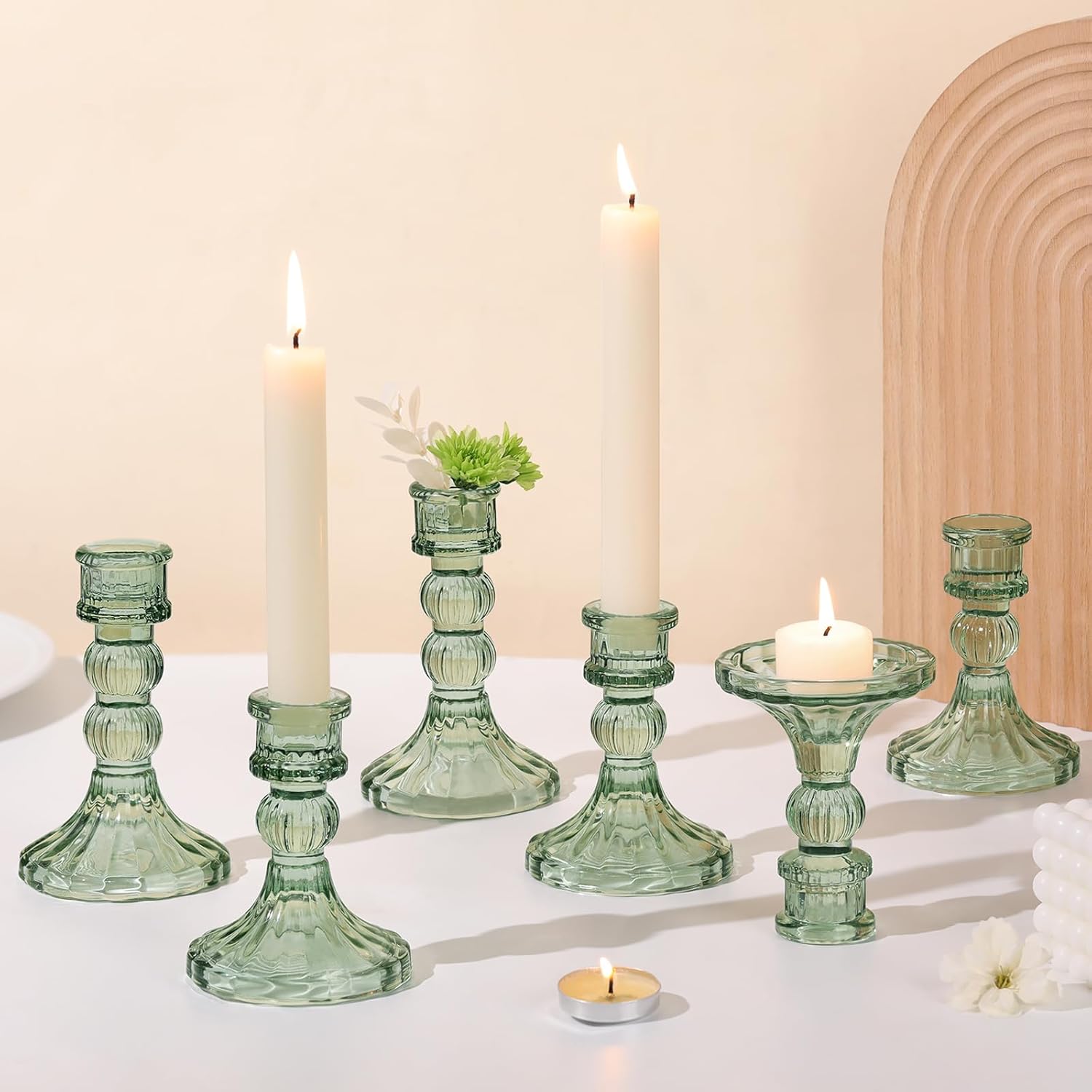 DARJEN 6Pcs Green Candlestick Holders Set - 4" H & 5" H Striped Taper Candle Holders Bulk, Glass Candle Holders for Wedding, Festival, Party, Table Centerpiece, Gifts