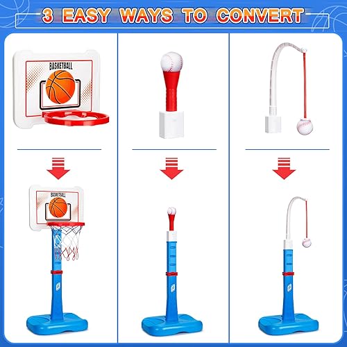 Miniatura 7 de Juego de aro de baloncesto 3 en 1 y pelota en T, altura ajustable, juego de baloncesto para niños, camiseta colgante, juguetes deportivos para