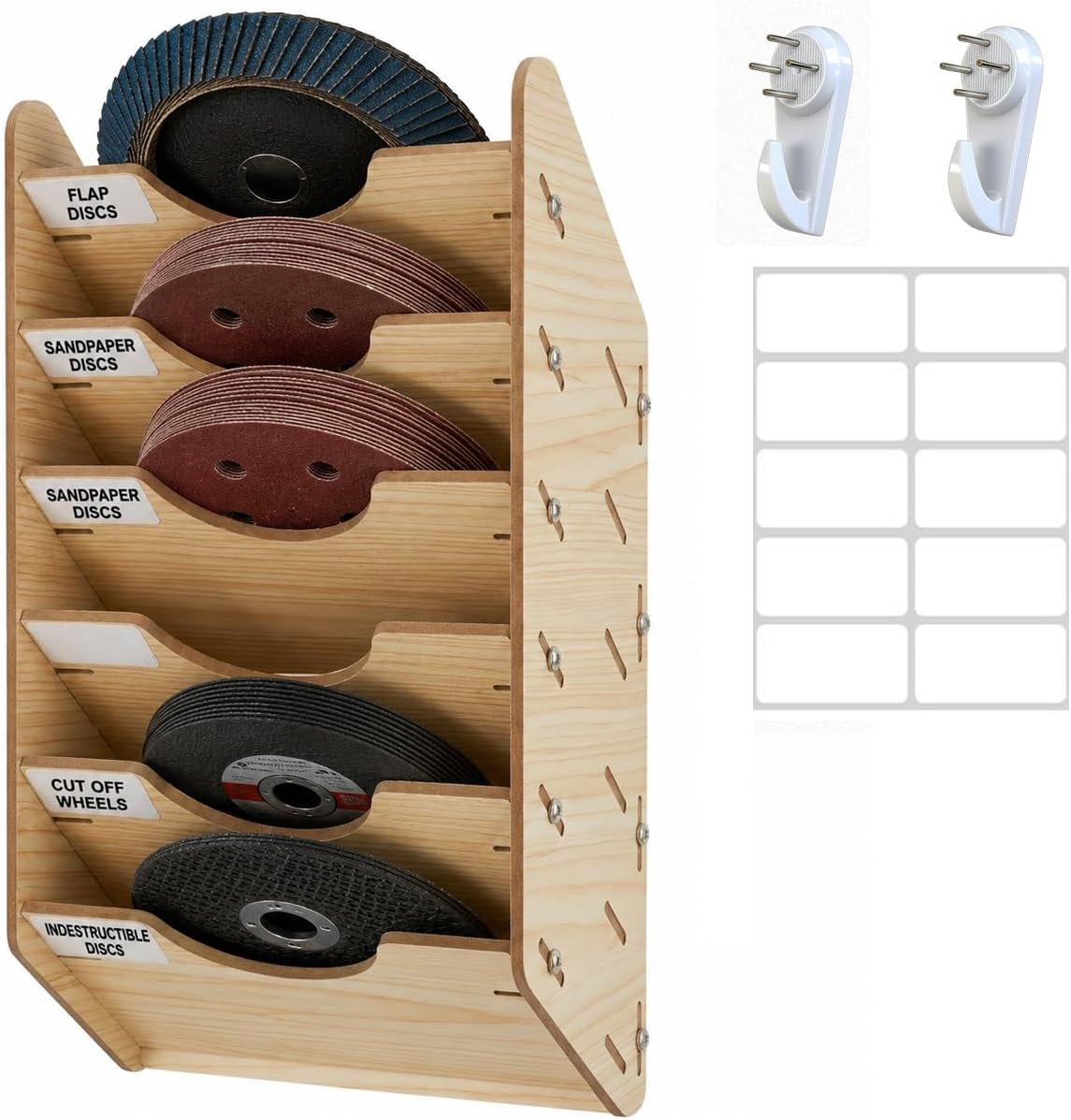 6-Tier Hanging Wooden Sandpaper Storage Holder, Sandpaper Organizer for Sanding Discs 5 Inch 6 Inch, Wall Mount Woodworking Tools Rack(Excluding Sandpaper), Maple Color, 1 Set