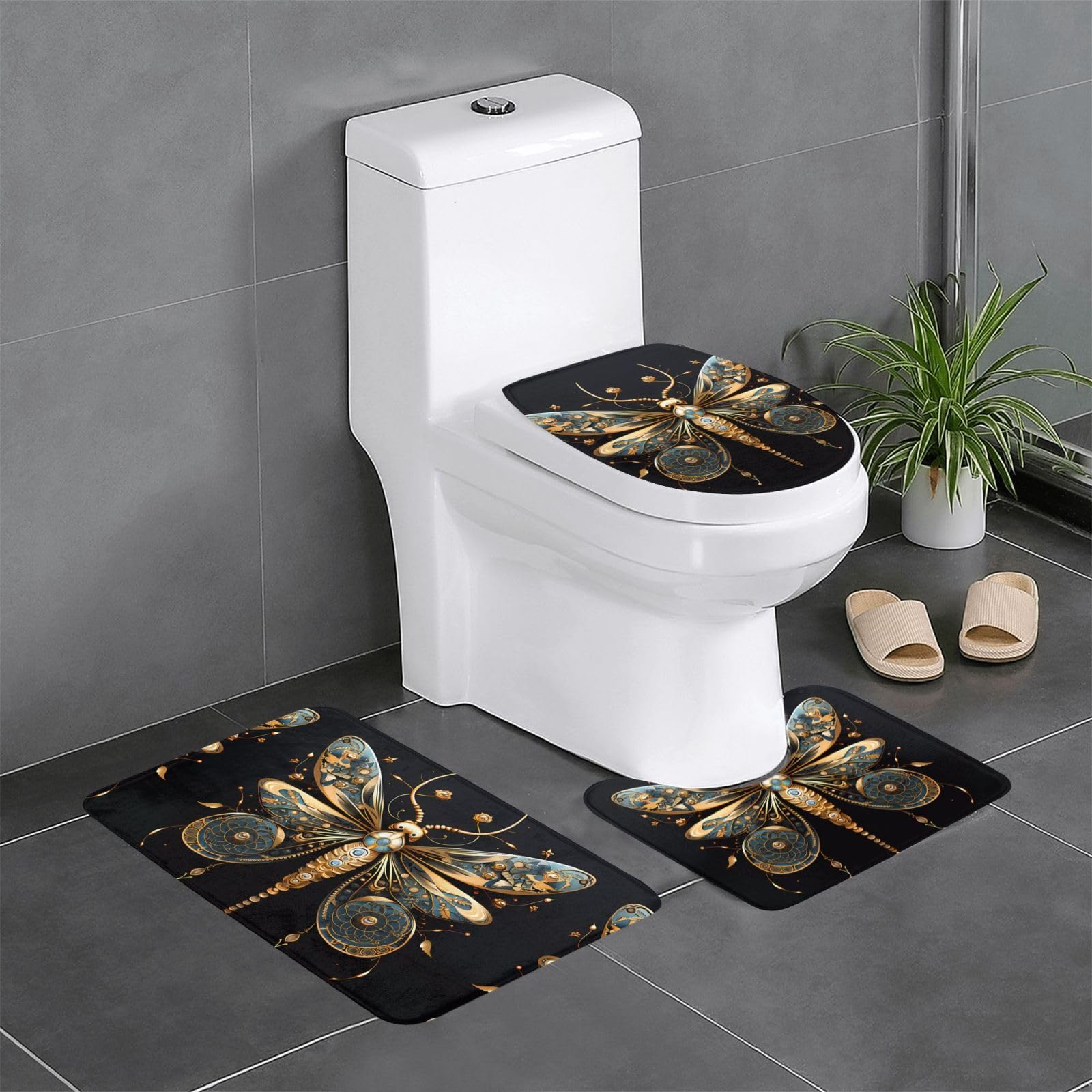 Tapis de salle de bain au design libellule raffiné sur fond noir de haute qualité