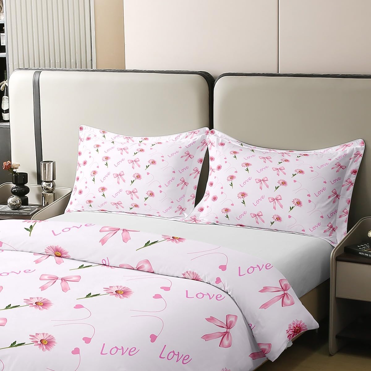 100% Cotton Girly Pink Duvet Cover Twin Size for Kids,Watercolor Bowknot Flowers 2 Pieces Duvet Cover,Dreamy Couple Lover Bedding Comforter Cover (Not Comforter),Cute Love Hearts Quilt Cover