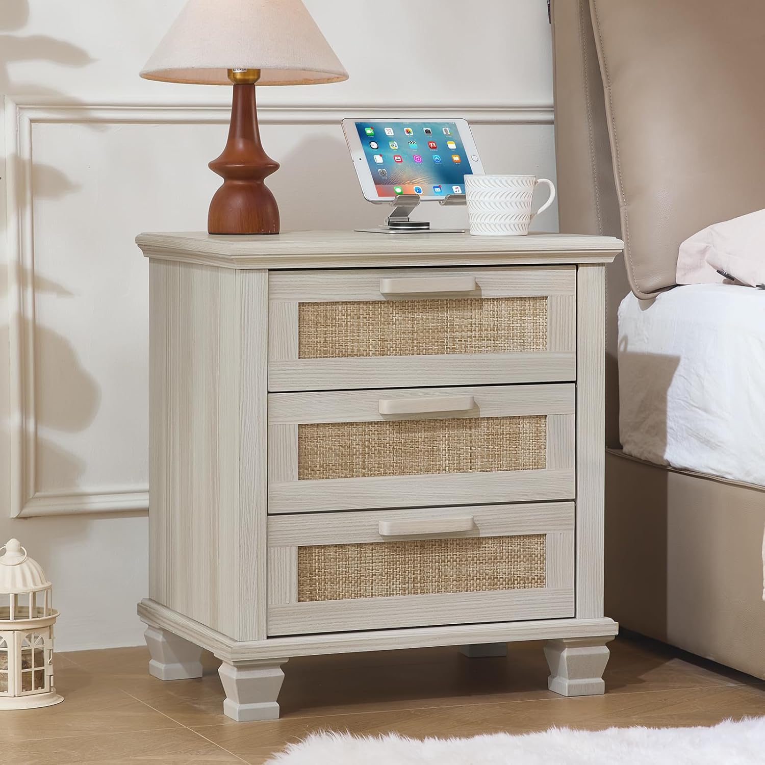 Rattan Nightstand Set of 2 with Drawers, Boho 3 Drawer Dresser, Wood Bedside Tables for Bedroom, Large End Side Tables, Light Grey
