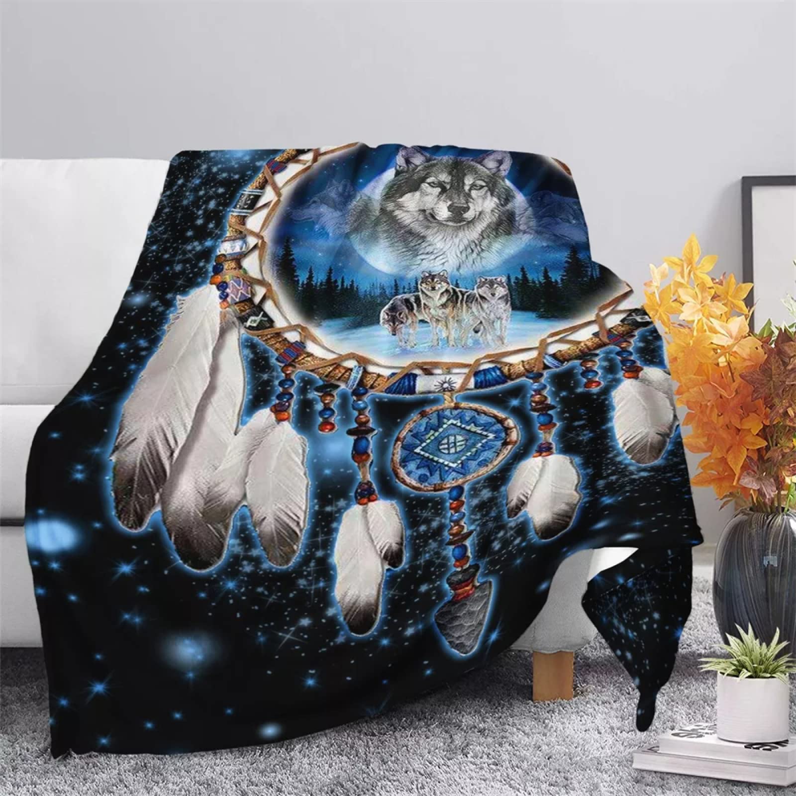 Plaid Polaire 240x260 Adulte Loup Attrape RêVe Bleu, Douce Flanelle Couverture lit 2 Personnes en Microfibre, Plaid Canape Grande Taille Jeté de Canapé, Réversible Peluche Couverture
