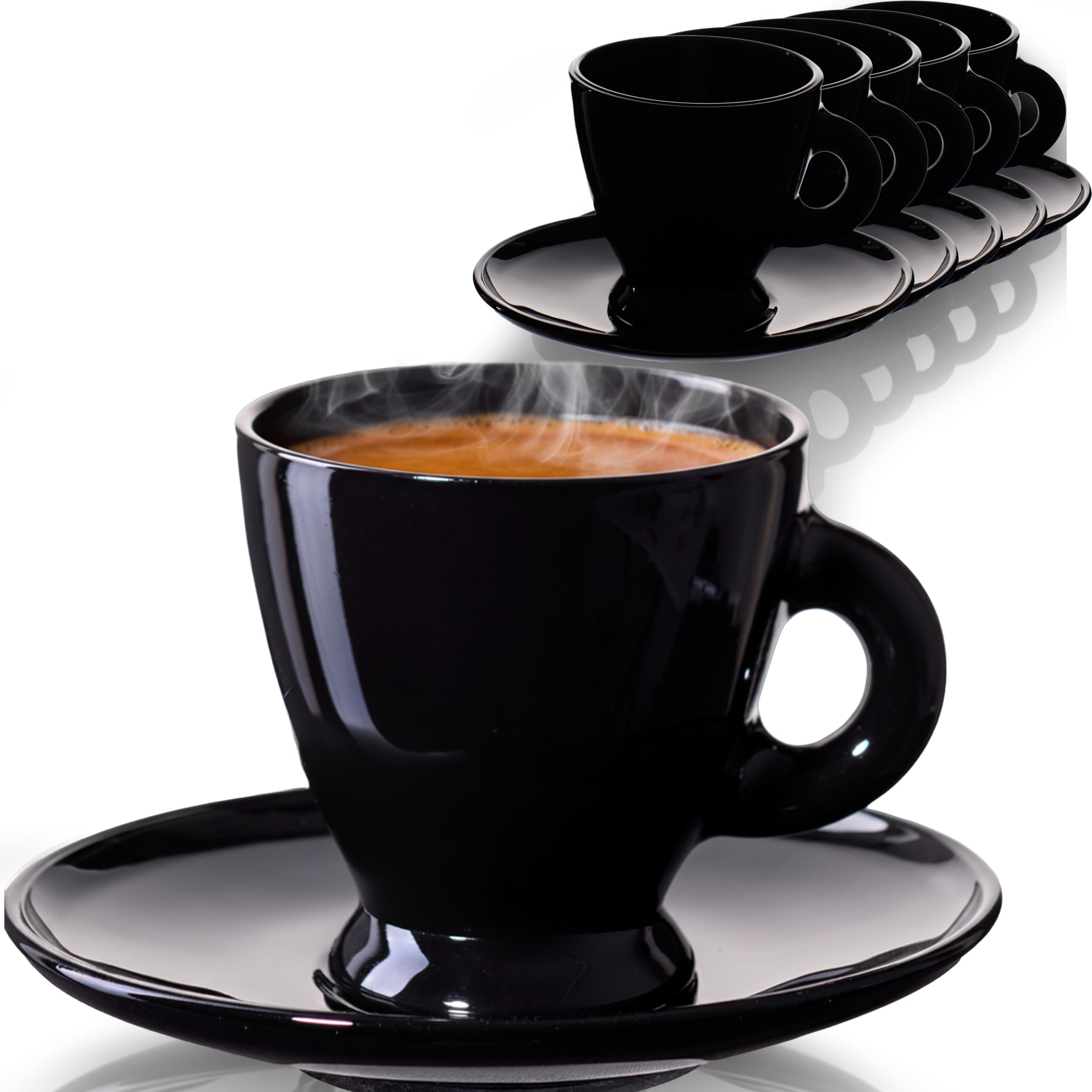 Tasses à expresso noires PLATINUX 93ml en verre avec soucoupes set de 6