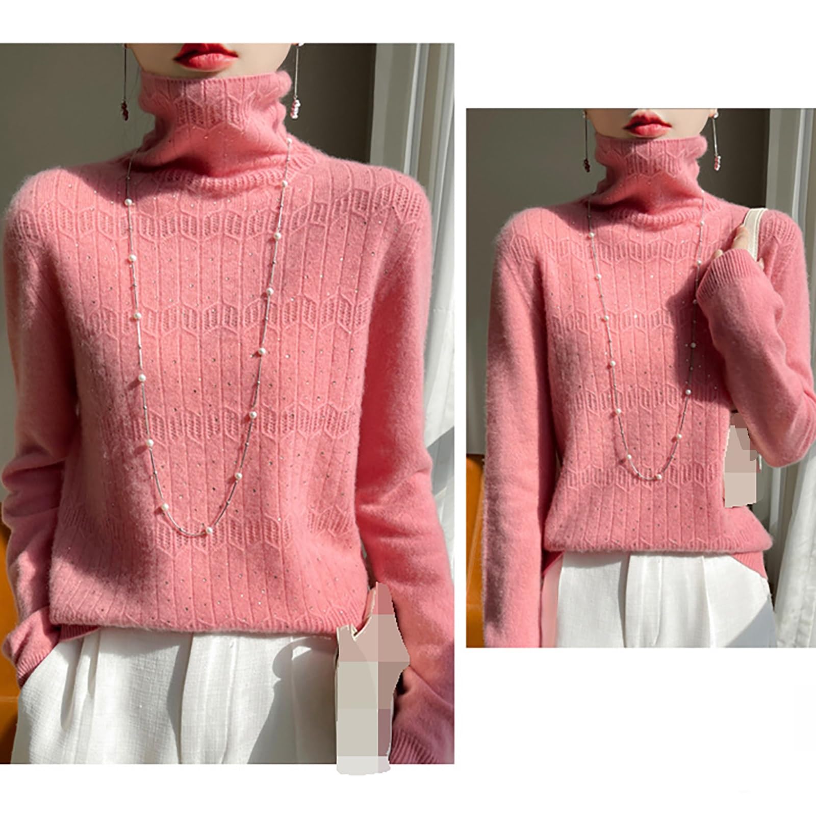 MEECHI 2024 Nuevo Suéter De Lana con Diamantes De Imitación for Mujer Otoño Invierno Cálido Suéter De Cachemira Manga Larga Cuello Alto Jersey De Punto Liso Elegante Jersey De Punto