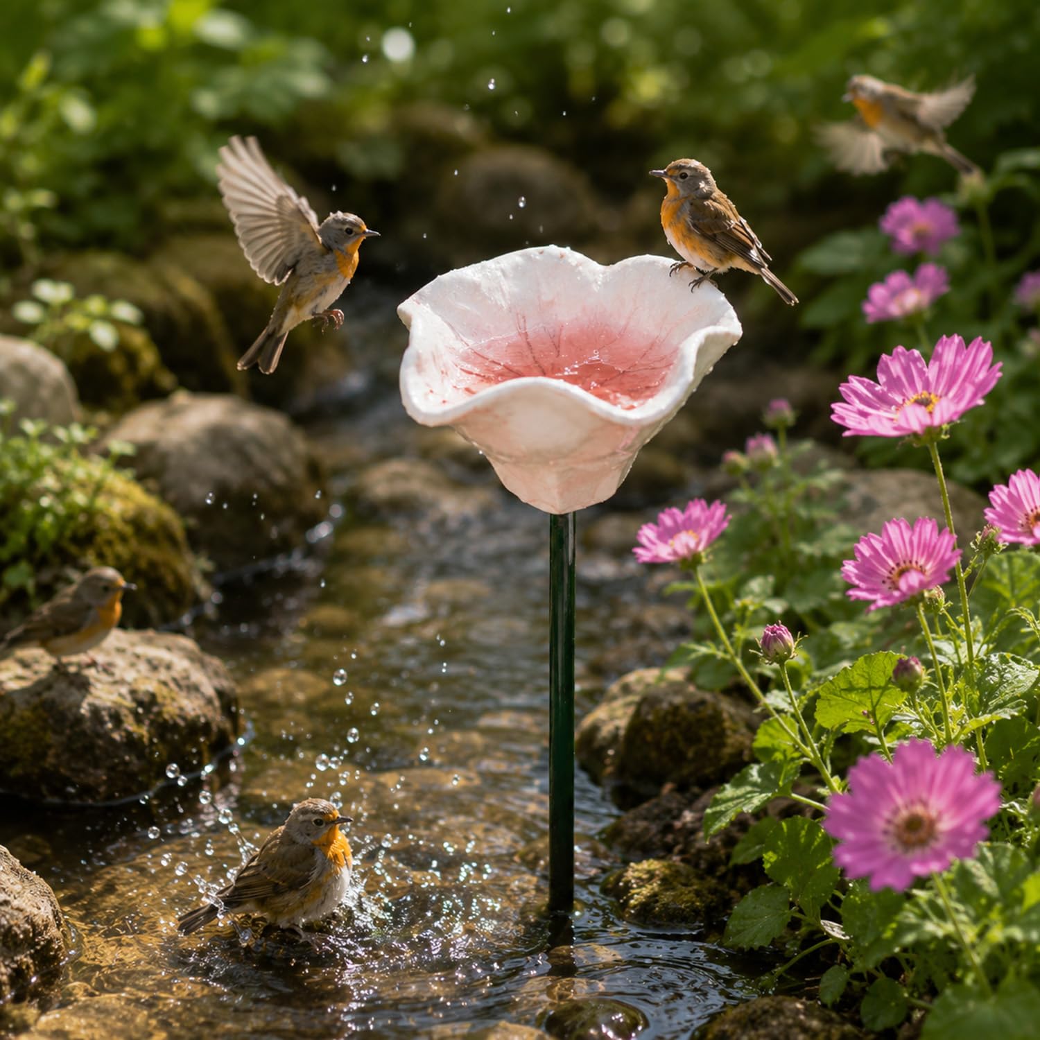 Vasca per Uccelli, Stazione di irrigazione for api in Ceramica for Giardino, mangiatoia for Fiori Fatta a Mano for, Farfalle e Colibrì(NLotusPink)