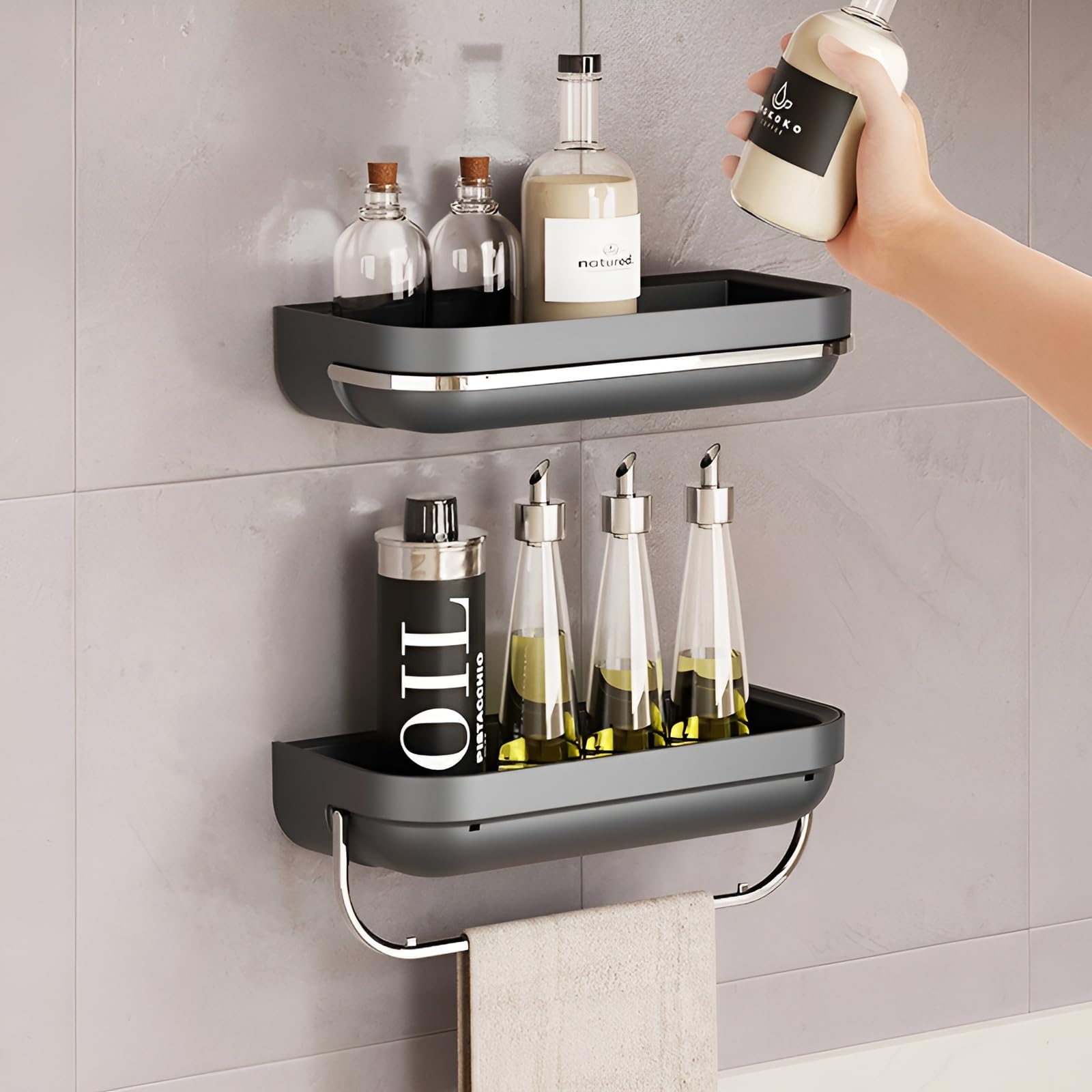 MorivaHomes Multipurpose Self-Adhesive ABS Plastic Bathroom Wall Mounted Storage Organizer Shelf & Towel Holder/Rack/Bathroom Accessories (Pack of 2, Black) (B0D91Y2BZC) Amazon Price History, Amazon Price Tracker