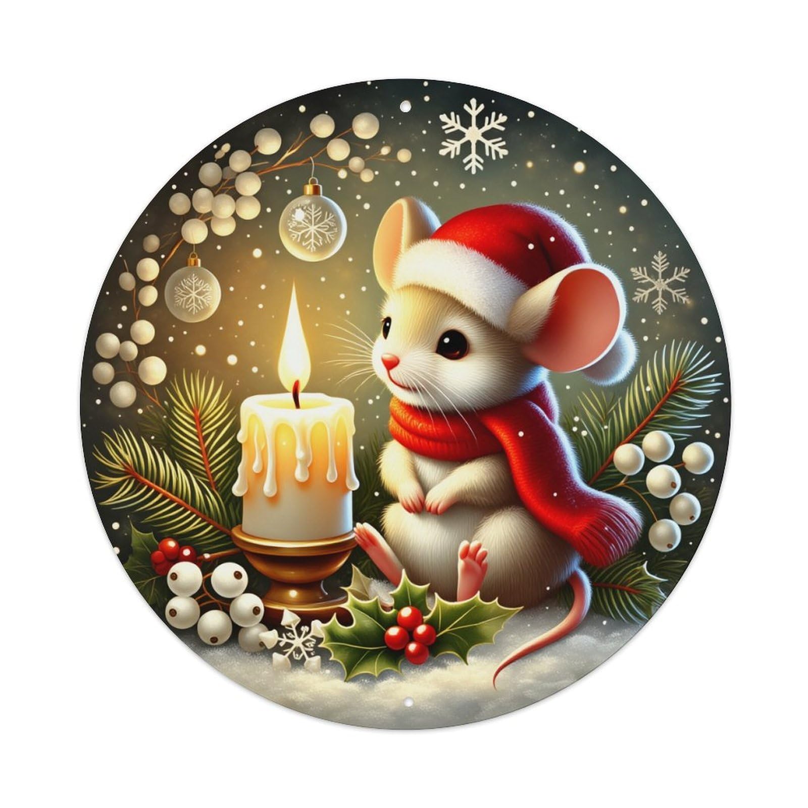 Christmas Mouse Candle Snowflake Holly Round Tin Sign Vintage Metal Poster, Home Bar Garage Man Cave Cafe Indoor & Outdoor Wall Decoration 8x8Inches