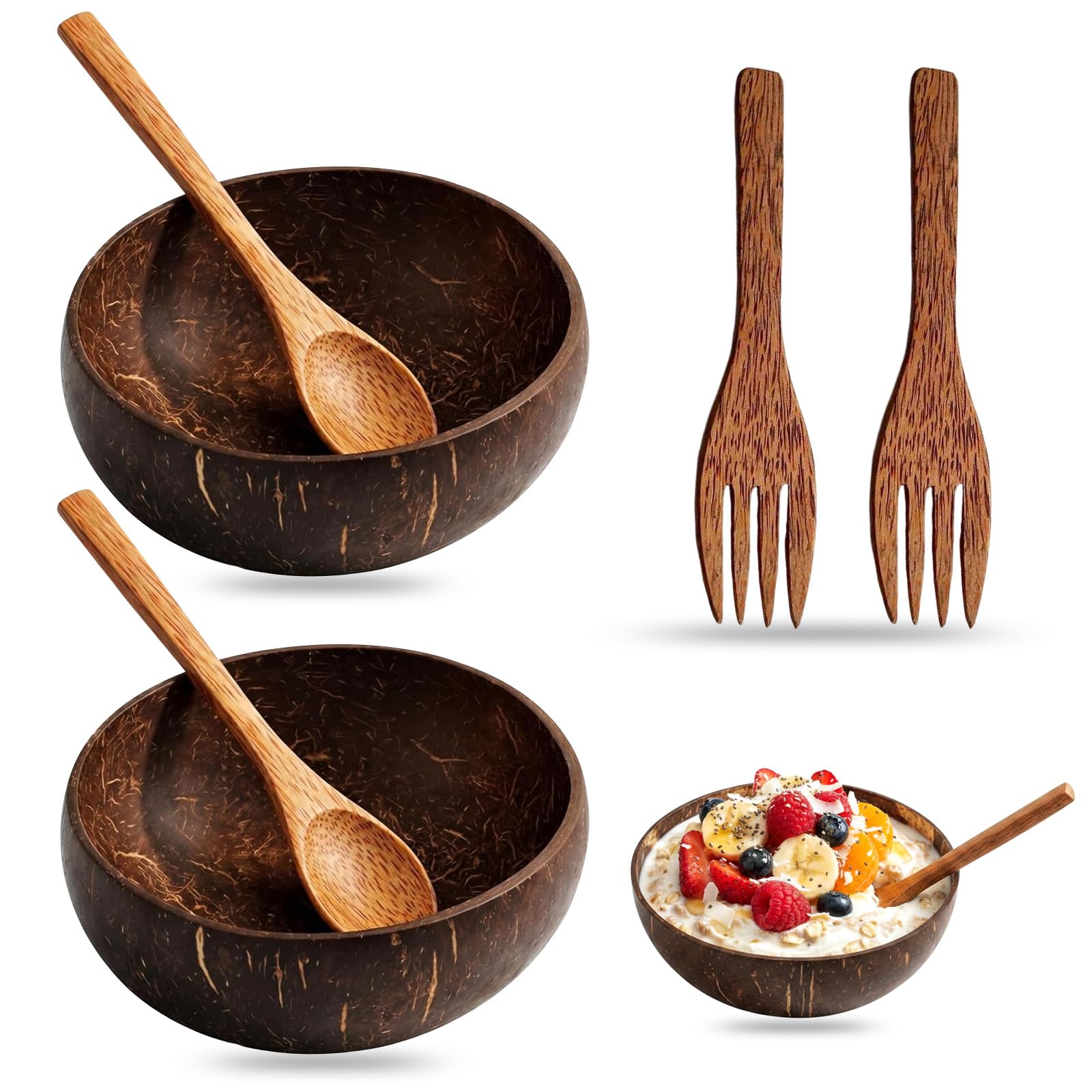 NYHWBI 2Pcs Coconut Bowls Sets, Polished Coconut Bowls and Spoons 600ml Natural Rustic Serving Bowl with Spoons and Forks Wooden Bowl for Food Yogurt and Fruit