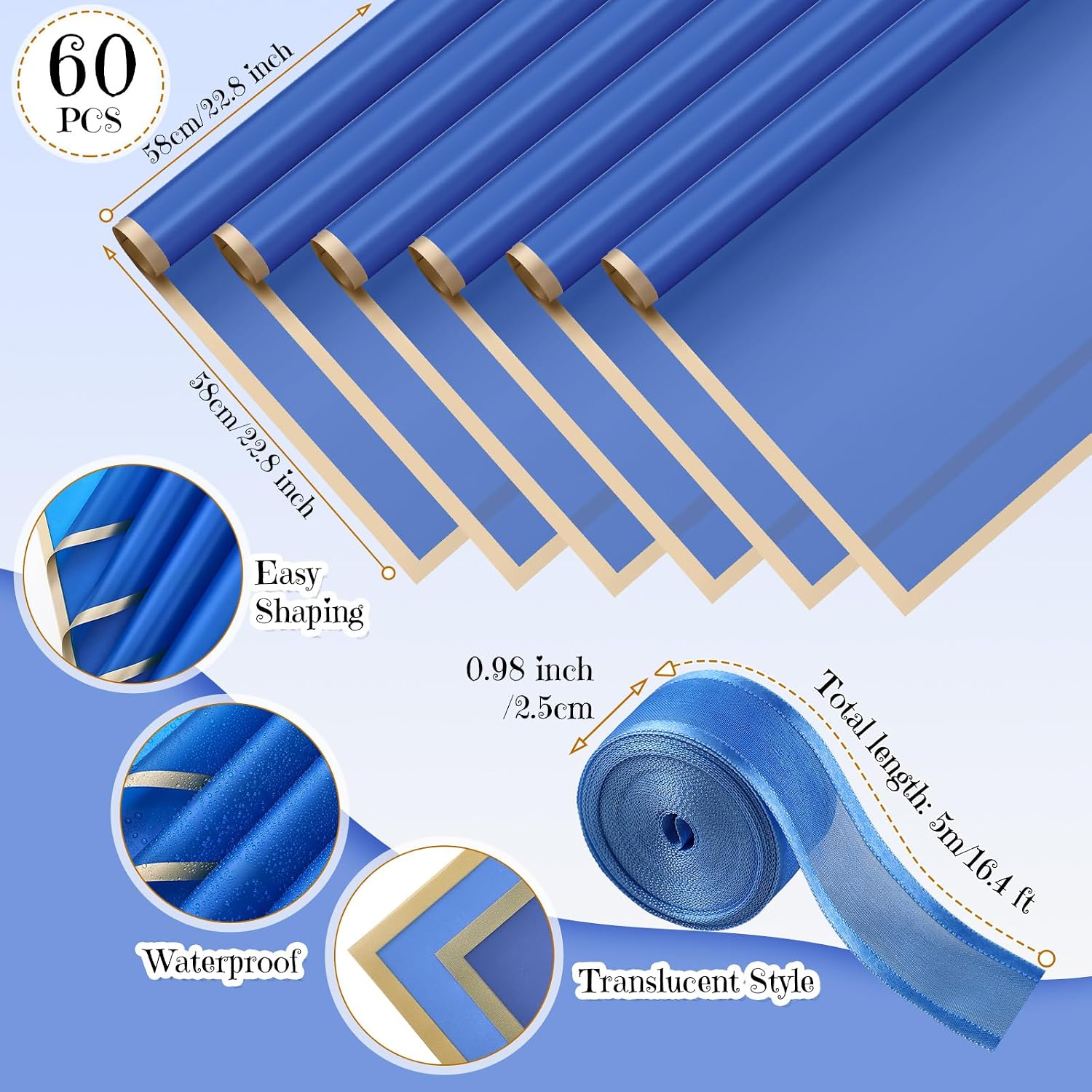 Mimorou 60 Sheets Flower Wrapping Paper, Waterproof Floral Bouquet Wrapping Paper Gold Edge Korean Florist Bouquet for DIY Valentine Wedding Birthday Graduation Gift (Sapphire Blue)