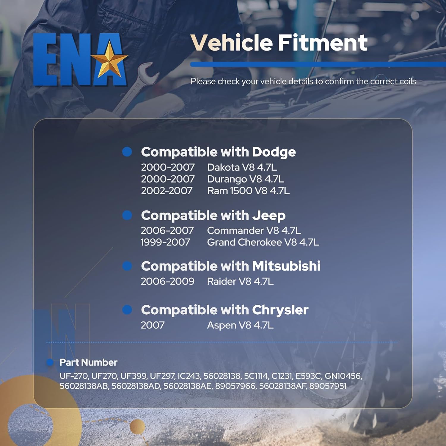 ENA Set of 8 Red Ignition Coil Pack for UF270 Compatible with Dodge Jeep Mitsubishi Ram 1500 Dakota Durango Nitro Cherokee Commander Liberty 3.7L 3.9L 4.7L V6 V8 2002 2003 2004 2005 2006 2007 2008