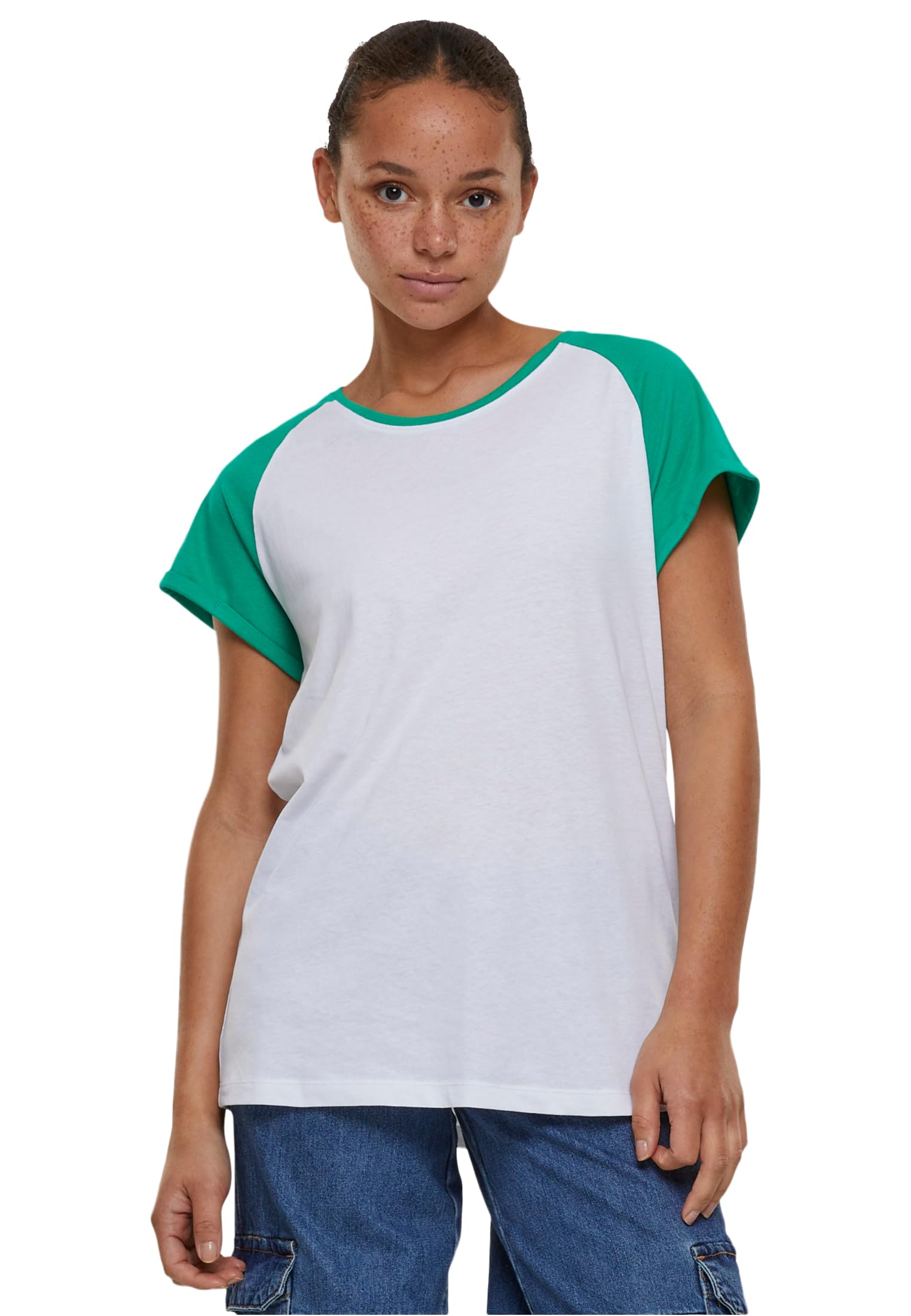Urban Classics Women's Ladies Contrast Raglan Tee T-Shirt, White/Ferngreen,