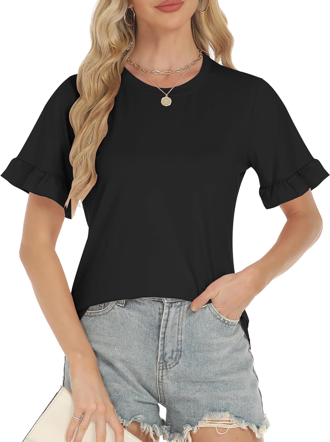 Womens Tops Dressy Casual Ruffle Short Sleeve Shirts Crew Neck Blouses Spring Summer Casual Ladies Tops for Women 2025