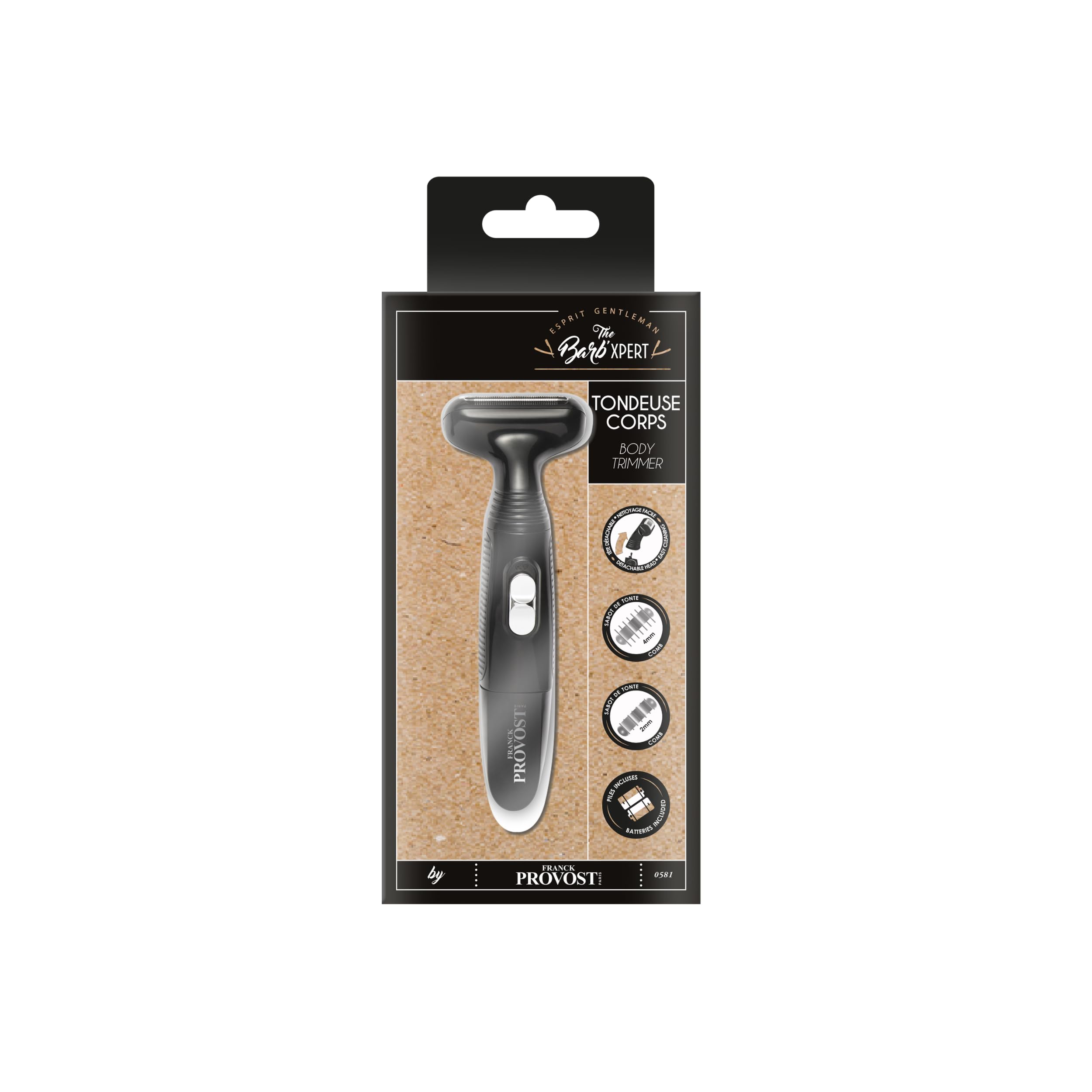THE BARB’XPERT by Franck Praovost – Recortadora corporal hombre, barba, 2 peines 2 y 4 mm, uso en seco o con espuma, pila LR6 incluida, rutina de afeitado eléctrico cara y cuerpo