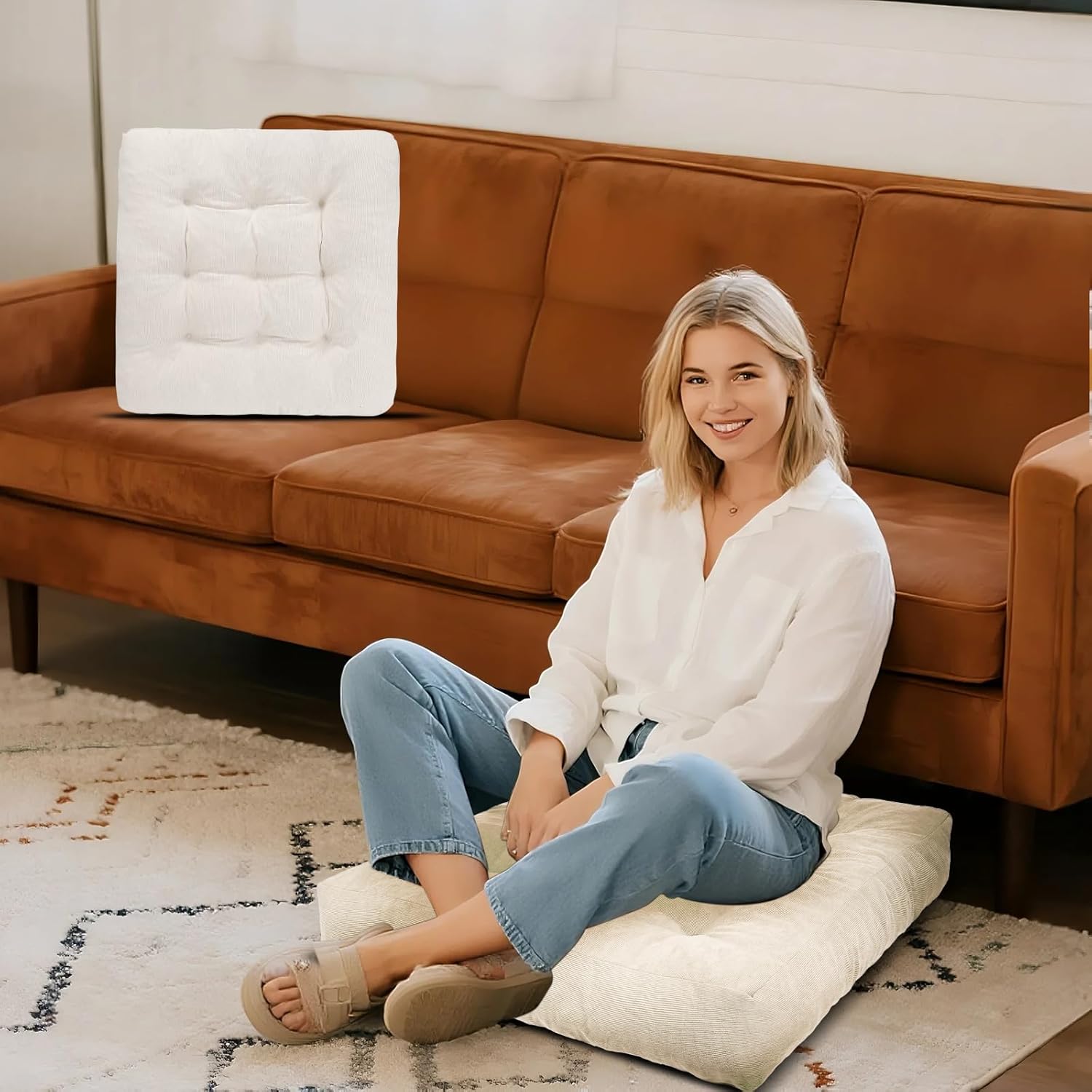 Meditation Floor Pillow Set of 2, Square Large Pillows Seating for Adults, Tufted Corduroy Cushion for Tatami Living Room, 22x22 Inch FP-Beige