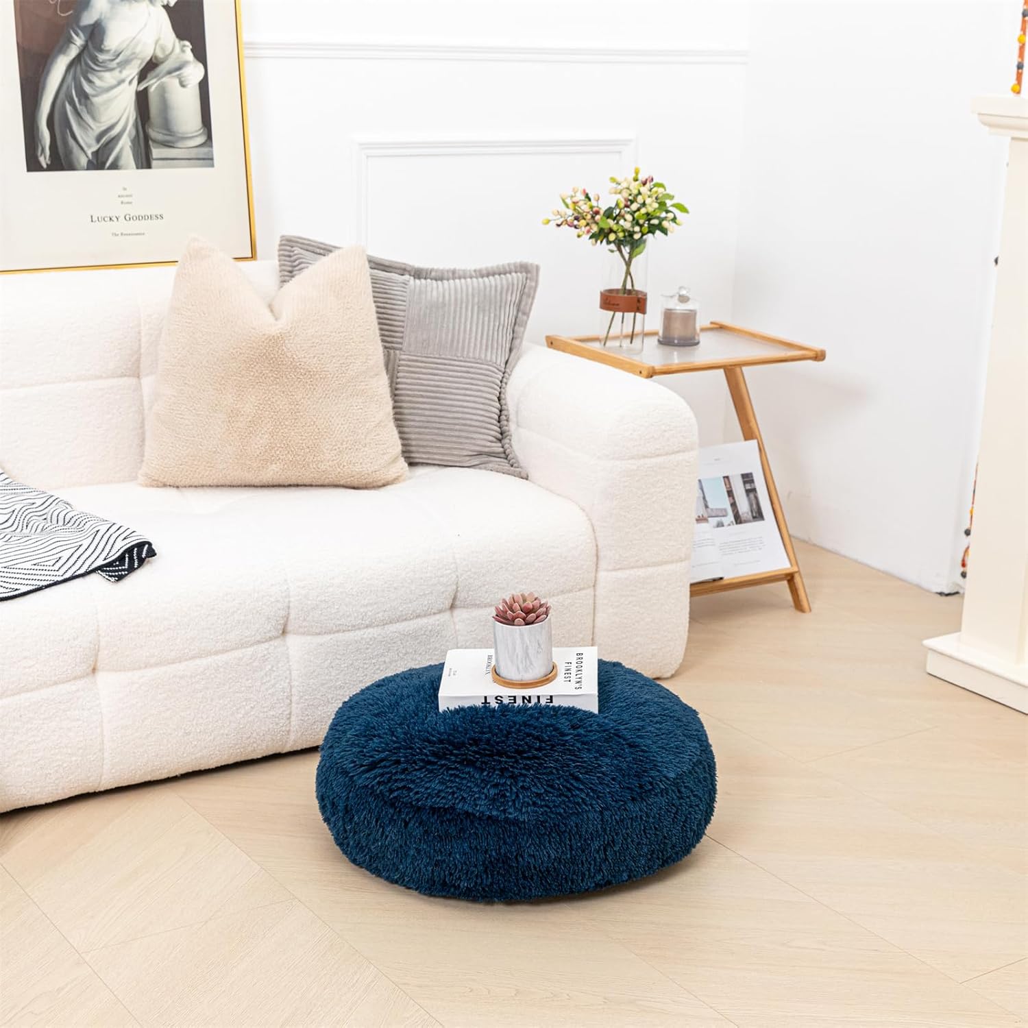 Asuprui Soft Floor Pillow Large Floor Cushion for Sitting Fur Meditation Pillow Premium Yoga Pillow for Living Room Bedroom Balcony Outdoor (Navy Blue Floor Pillow with Insert)