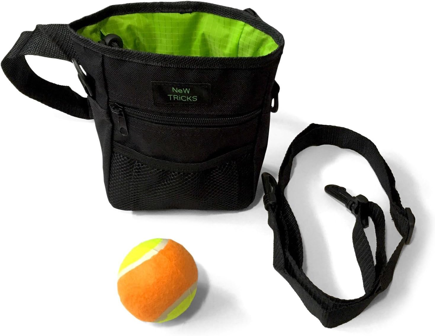 DOG TREAT BAG for TRAINING, WALKING - durable with pockets for everything . . .2 piece bundle includes FREE tennis ball toy by new tricks