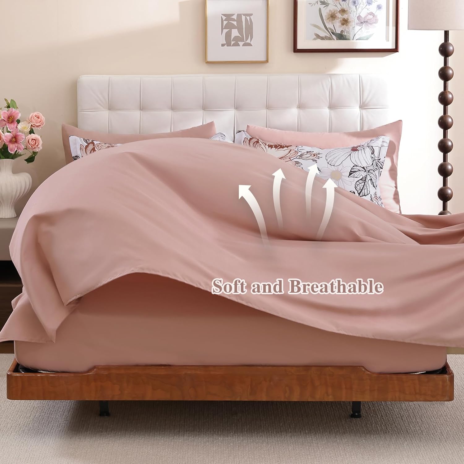 Luxudecor Queen Floral Comforter Set-7 Pieces Bed in a Bag,Blush Flower Print on White Bedding Set,Soft Microfiber Comforter with Sheets for All Seasons (Blush,90"x90")