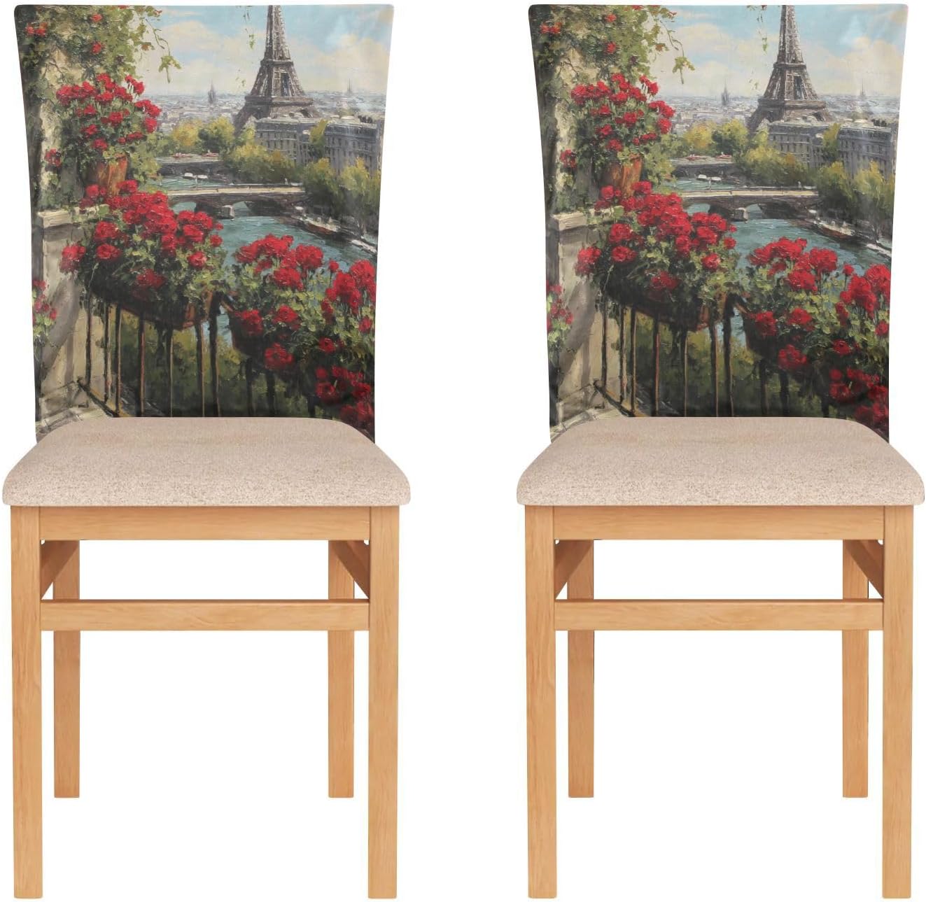 ALAZA Paris Eiffel Tower View Red Roses Chair Back Cover Set of 6, Washable Reusable Removable Chair Slipcovers Decorative Chair Cover for Home Kitchen Wedding Party