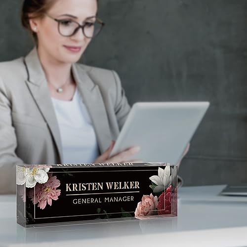 Miniatura 3 de Hibscus - Placa de nombre de escritorio personalizada, placas de identificación personalizadas para escritorios en vidrio acrílico transparente,