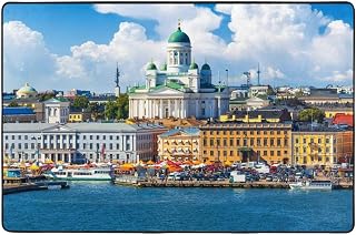 Scenic Summer Panorama of Market Square at Old Town Pier in Helsinki Finland 36"X24" Flannel Floor Mats, Quick Drying Indoor and Outdoor Carpets, Door Mats for Porch and Bedroom Decoration