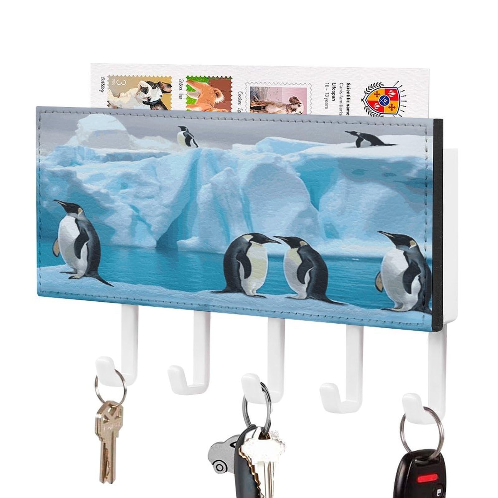 Fekiloot White-Style Penguins On The Iceberg Key Holder Wall Mount Decorative Key And Mail Holder With 5 Hooks Key Hanger Organizer Pu Key Rack Decorative Home Decor For Wall Living Room Entryway Office