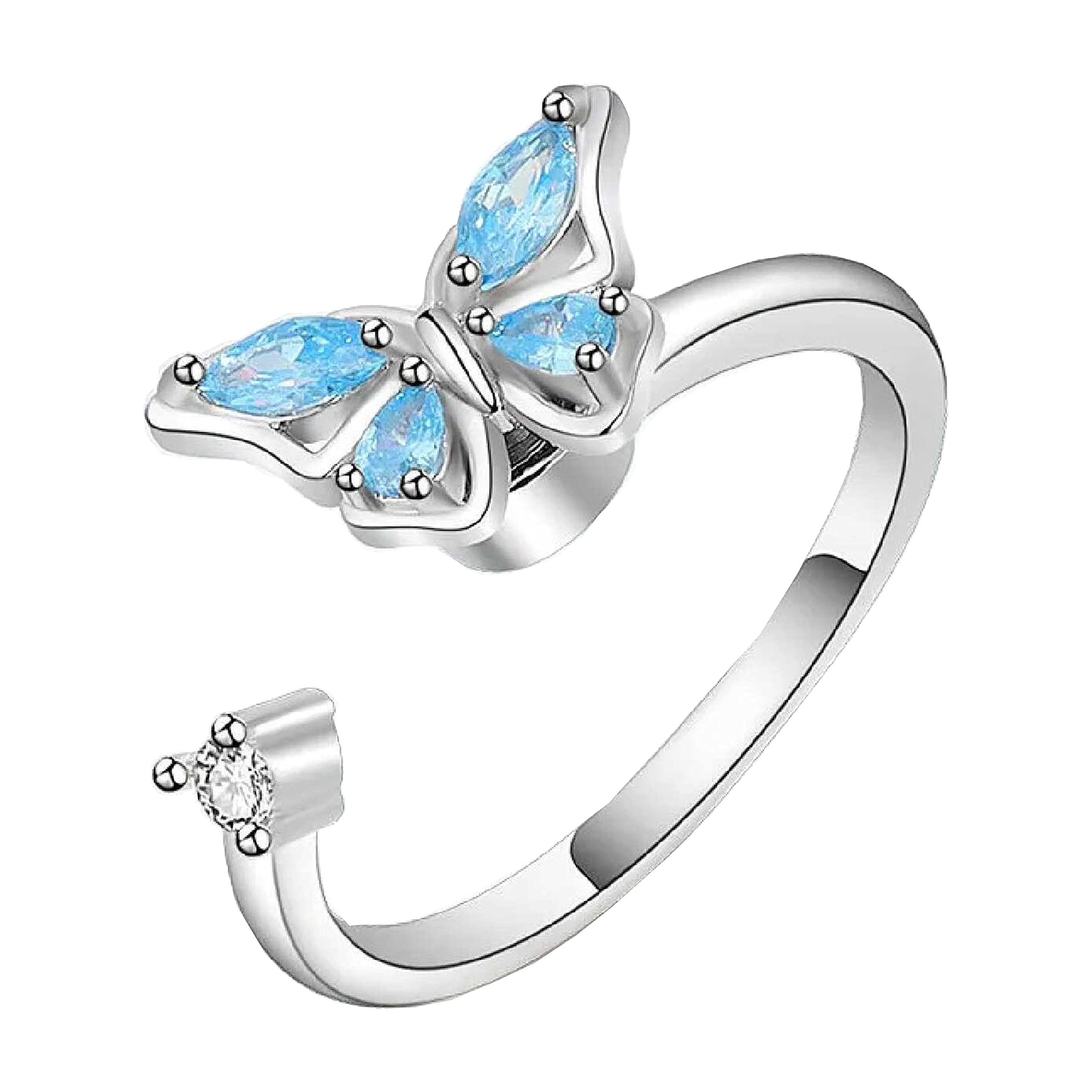 Silver Butterfly Rings For Women Silver Plated Vintage Anxiety Rotate Ring Butterfly Fidget Spinner Ring Crystal Silver Ring For Women Girls Gift for Sister Women's Jewellery-image-3