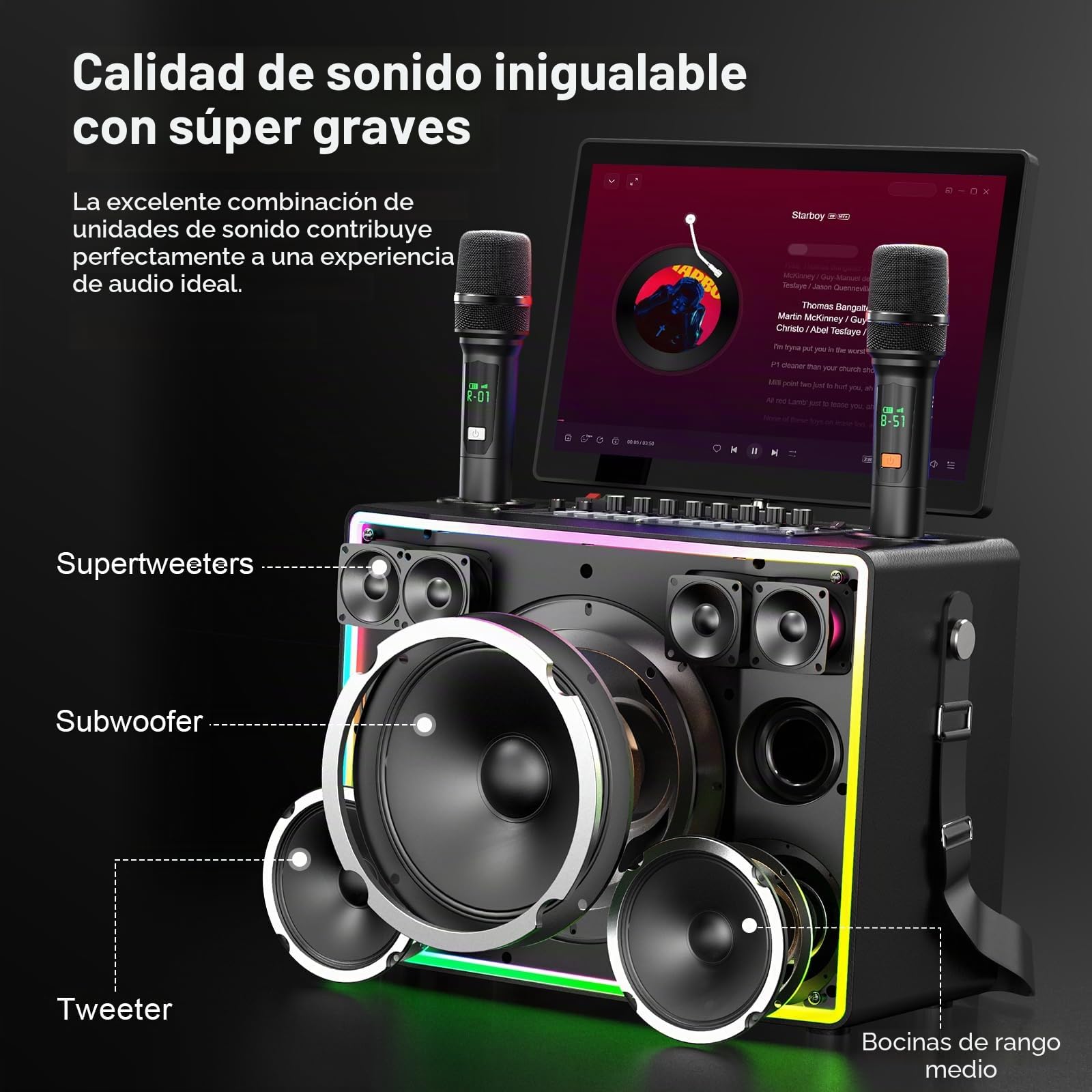 Máquina de Karaoke Inteligente con Tableta de 14 Pulgadas, Pantalla y visualización de Letras, Altavoz Profesional para Karaoke, 2 micrófonos inalámbricos, Altavoz Bluetooth, WiFi/HDMI/Luces LED