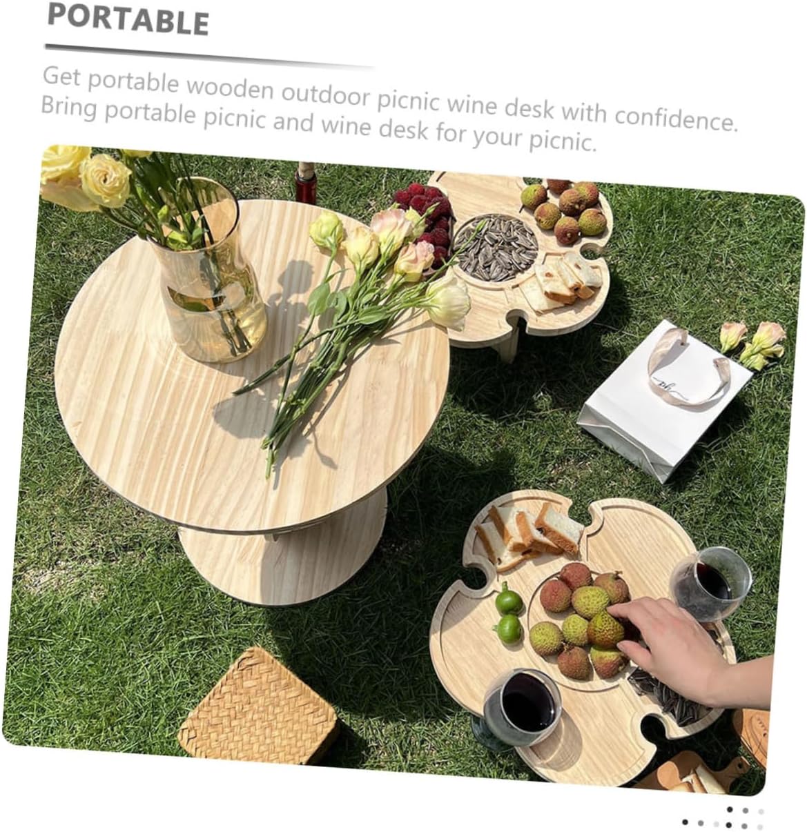 Ciieeo Portable Foldable Wood Wine Desk Outdoor Picnic Beverage Table Small Beach Camping Side Table with Tray 35cm Diameter for Travel BBQ and Lawn Use