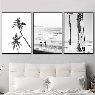 VLOLIFE Black and White Coastal Surfing Landscape Posters and Prints Sea Wave Surfboard Photography Pictures Canvas Painting Home Decor Unframed 16X24inchX3 Unframed