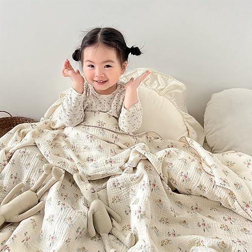 Miniatura 4 de BuLuTu Manta Grande de Muselina de Algodón para Niños Pequeños - 47 x 51 pulgadas Reversible Ligera Azalea Pequeña Flor Colcha Delgada de Verano