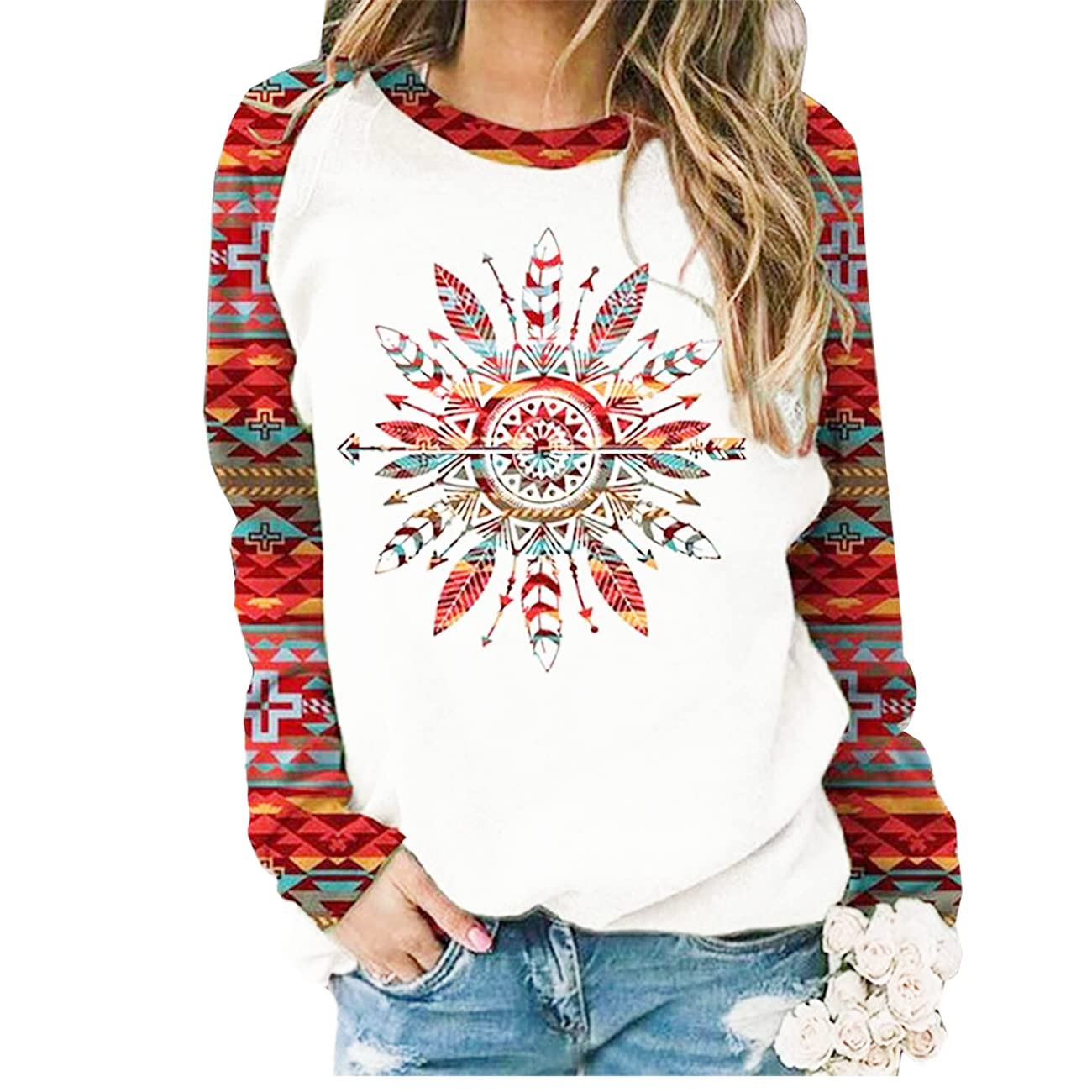 Lixuze Womens Long Sleeve Shirts Western Aztec Print Fit Tops Fall Casual Fashion Round Neck Blouses Large