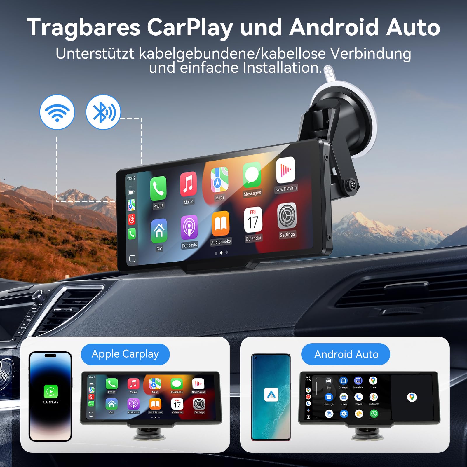 CarPlay & Android Auto Display Car Stereo, Apple Carplay Display mit rückfahrkamera, 10.6" IPS-Touchscreen, OTA-Updates, Airplay, Super Link, GPS Navigation, Siri &G00gle, BT-Audio, FM, AUX