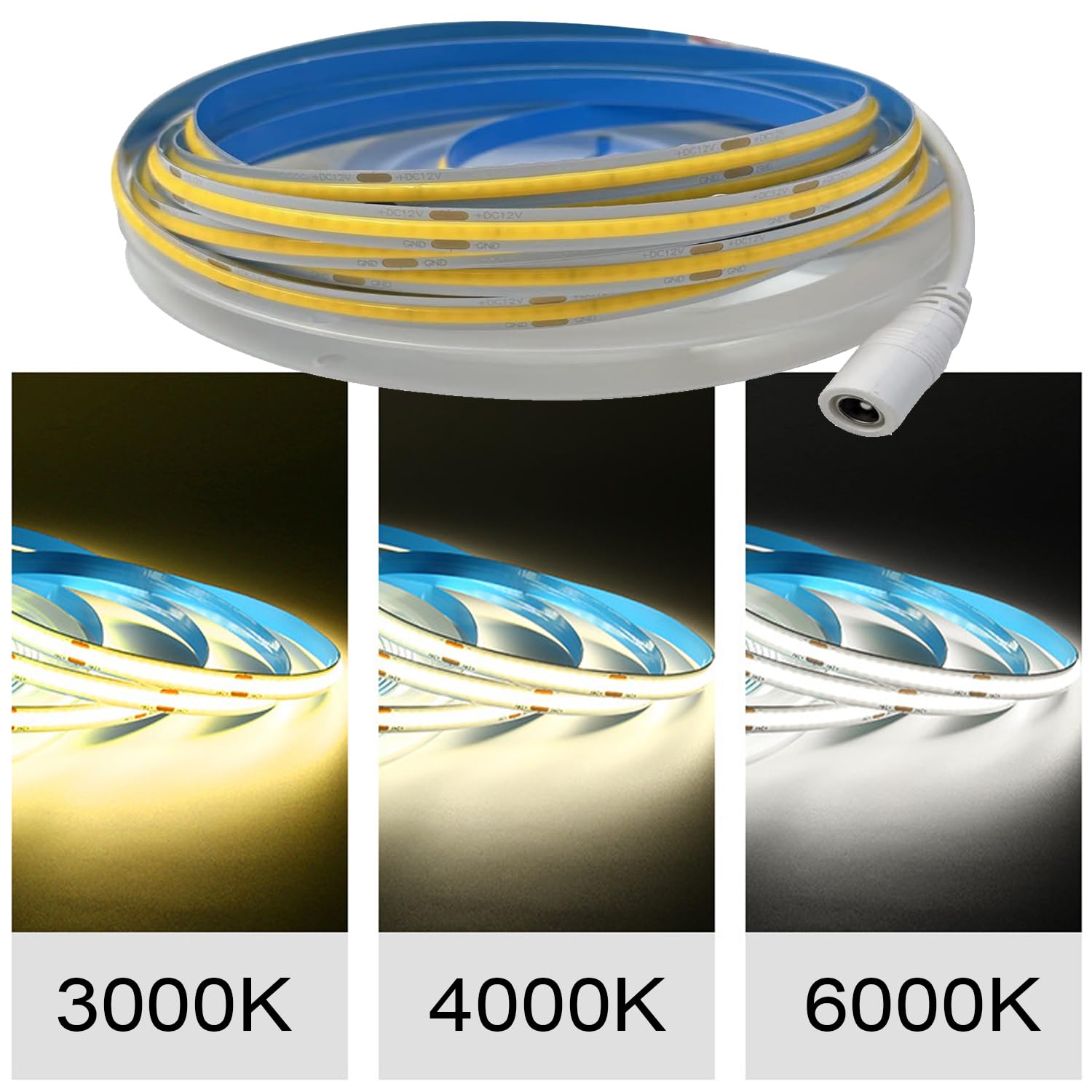 Striscia LED COB 10 metro (2x 5m) Bianco Freddo 6000K, controllata tramite WIFI, dimmerabile con alimentatore 12V & telecomando IR, autoadesiva, compatibile con APP Tuya