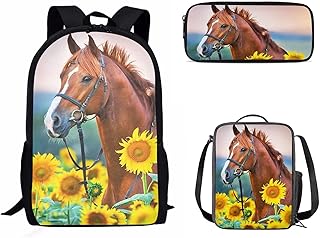 Mumeson Horse Sunflower Backpacks Set for Women Girls Teen School Big Capacity Bookbag Rucksack School Bags with Insulated Lunch Bag and Small Pencil Case 3 Piece Back to School Supplies Set