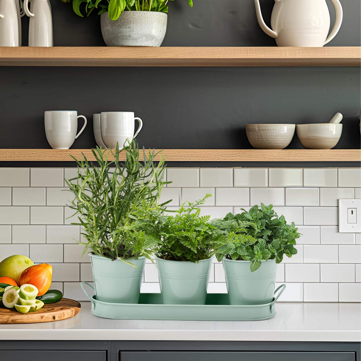 3 Vasi per Erbe Aromatiche in Metallo, con Vassoio,Vaso per Erbe Aromatiche,Vaso per Erbe Aromatiche da Cucina,Kit Vintage Piante Aromatiche,per Finestre della Cucina,Uso Interno ed Esterno