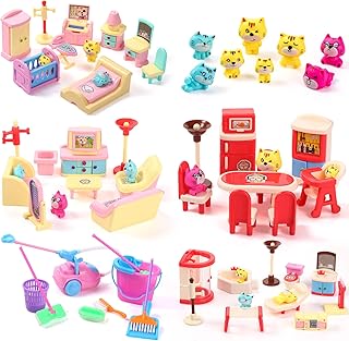 59 Pcs Miniature Dollhouse Furniture Accessories Living Room Dining Room Bedroom Bathroom House Furniture Doll Housework Cleaning Set Furniture for Dollhouse Toys Kindergarten Toys Pretend Play Toys