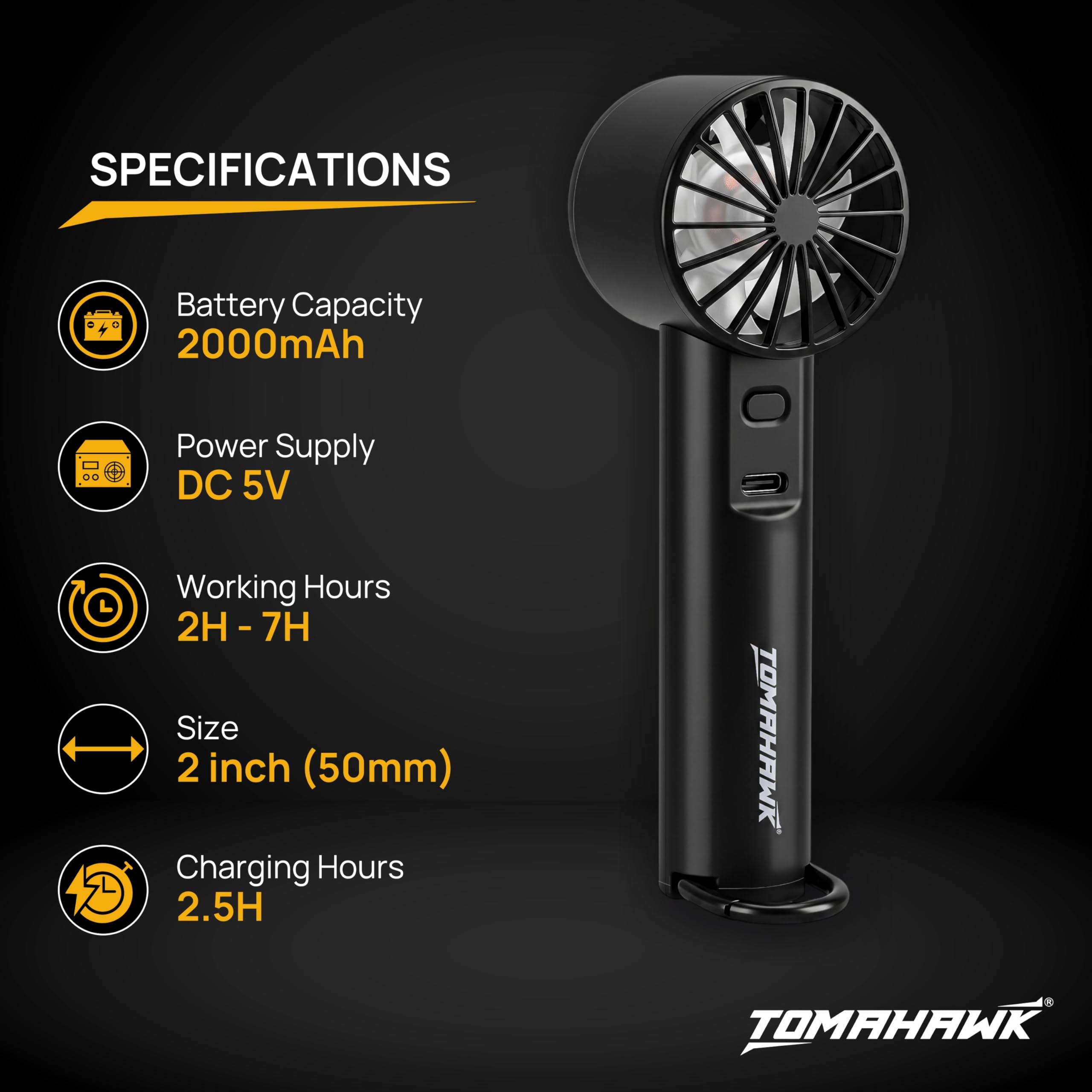Tomahawk® HHDF-1475 Portable Rechargeable Mini Fan with 2000mAh Battery 3 Speed Modes (Low/Medium/High) USB Powered 5V/2A Compact & Lightweight Cooling Fan for Home, Office & Travel 2