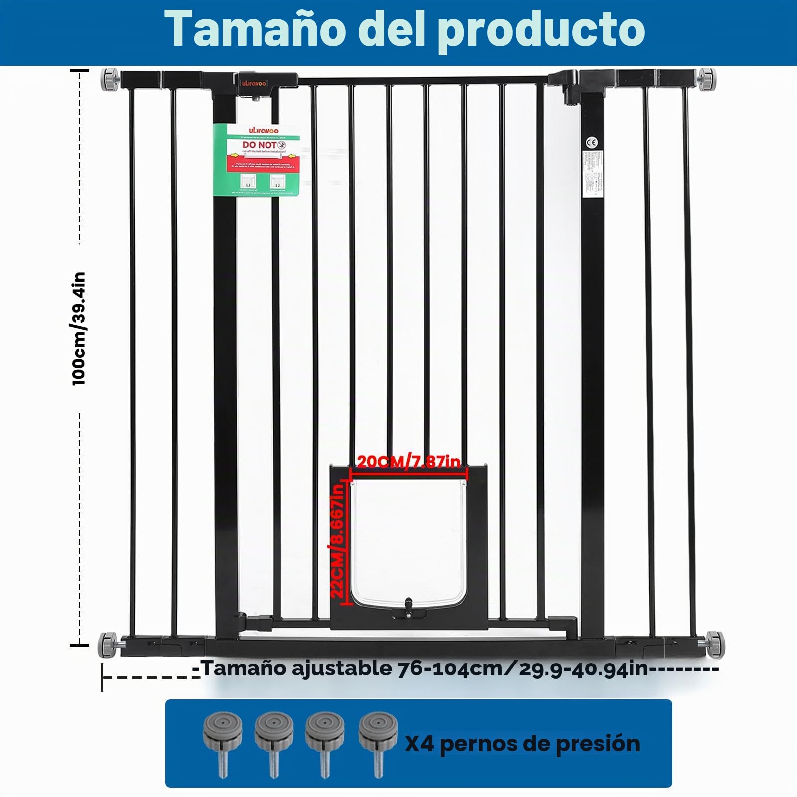 UBRAVOO Barrera de Seguridad Puerta para Bebés Puerta para Perros Altura 100 CM Puerta de Seguridad para Niños 76-104 cm de Ancho Cierre Automático Triple Bloqueo Abierto Mantenga la Puerta