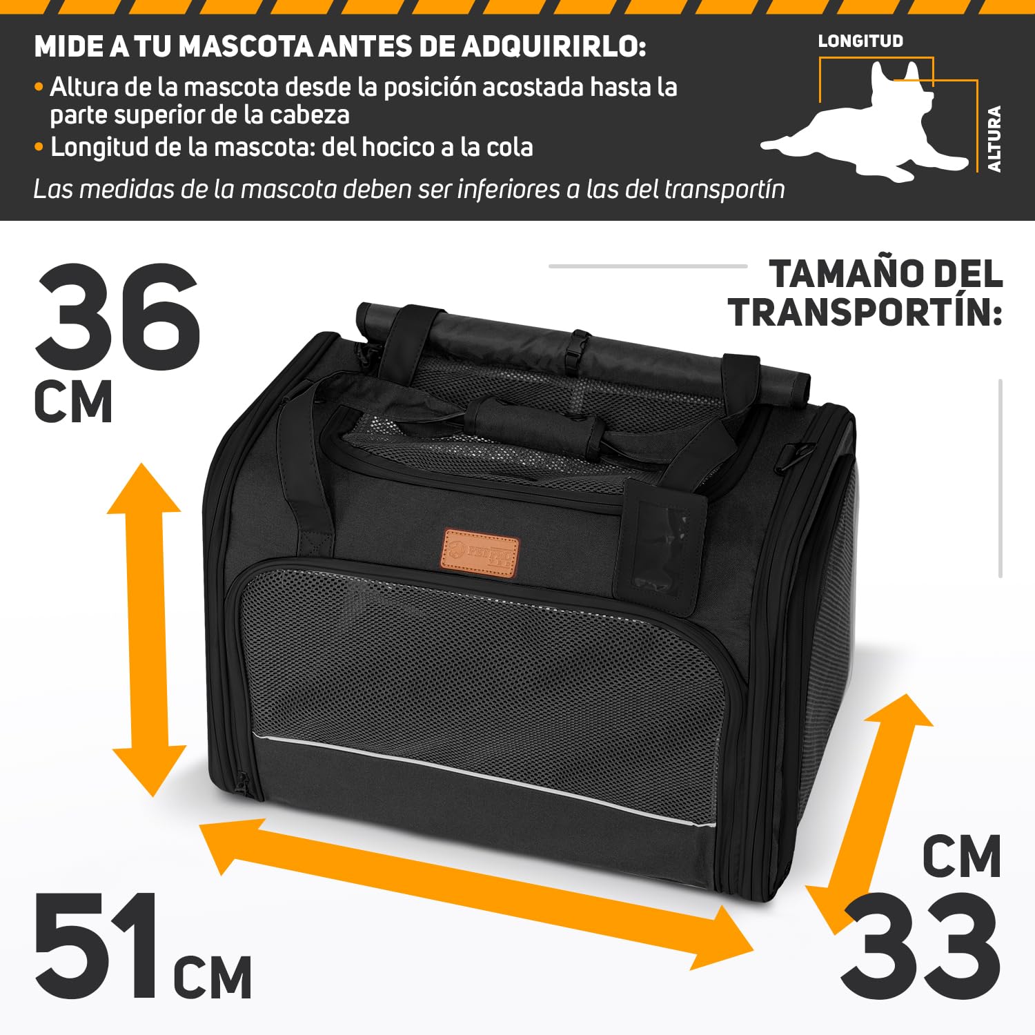 PETPROVED Transportin Perro Gato Grande Transportin Perro Pequeño Coche Mediano Trasportines para Gatos Coche Bolsa Transporte Homologado para Avion Cabina (L Negro)