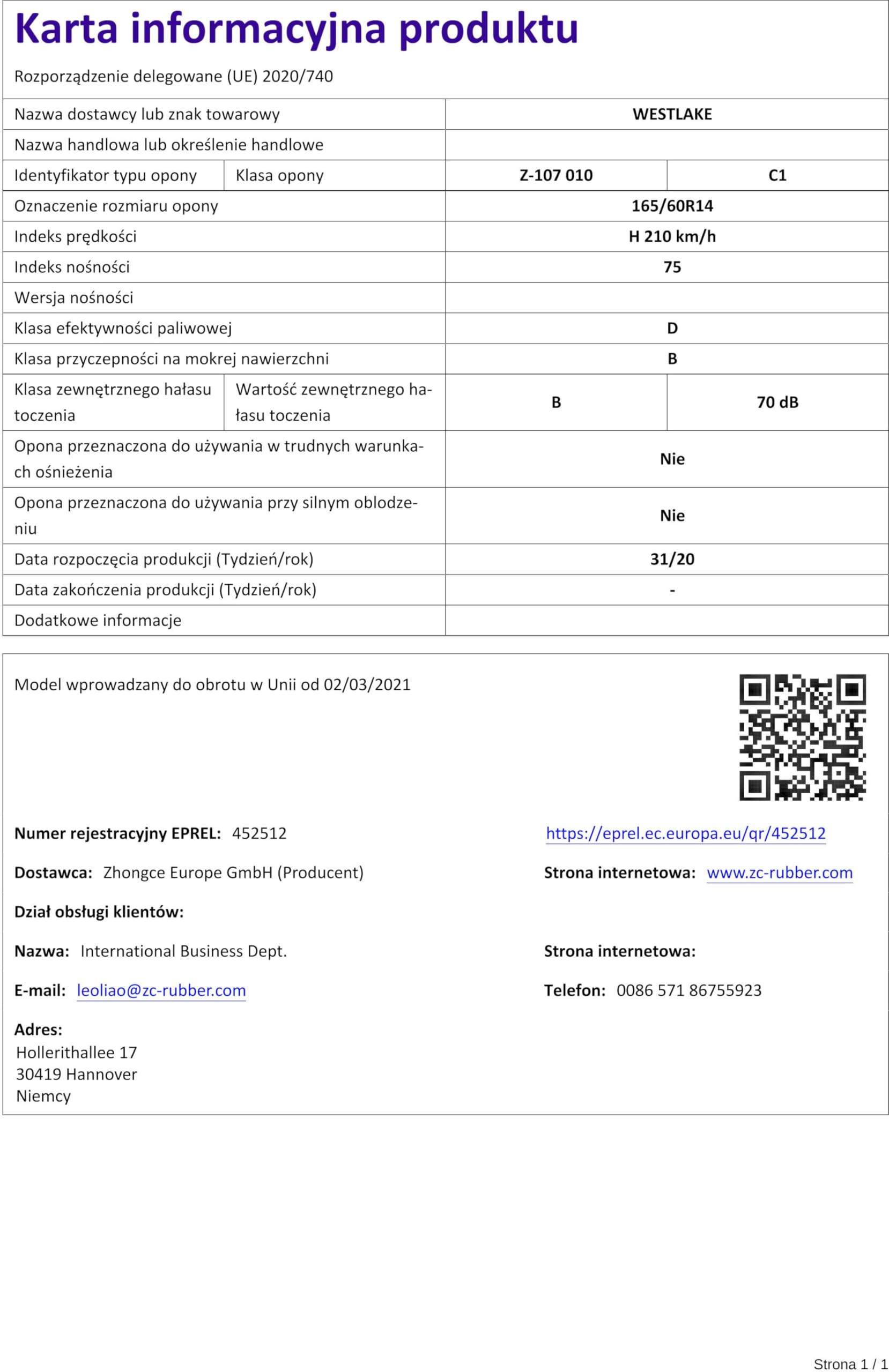 OPONY Z-107 165/60 R14 75H WESTLAKE