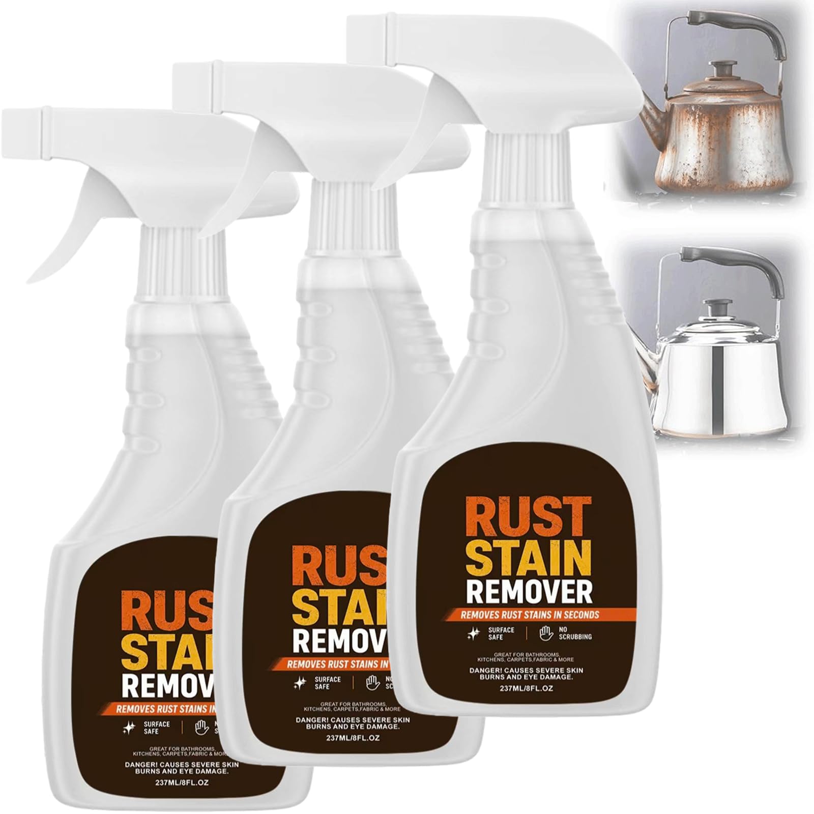 Rostentfernerspray für Metall und Edelstahl - Hartwasserfleckenentfernerspray für Bad und Glas, präzise Wasserflecken.- Multi-Surface Rostreiniger und Poliersprays aus Edelstahl (3 STÜCKE)