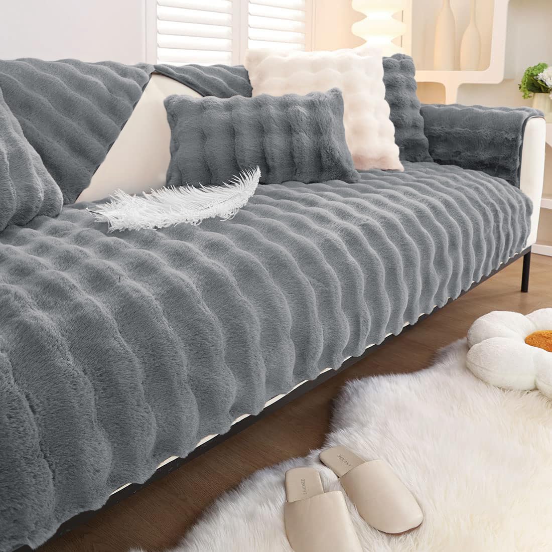 Amazon.com: vctops Grey Faux Fur Fleece Sofa Cover Soft Cozy